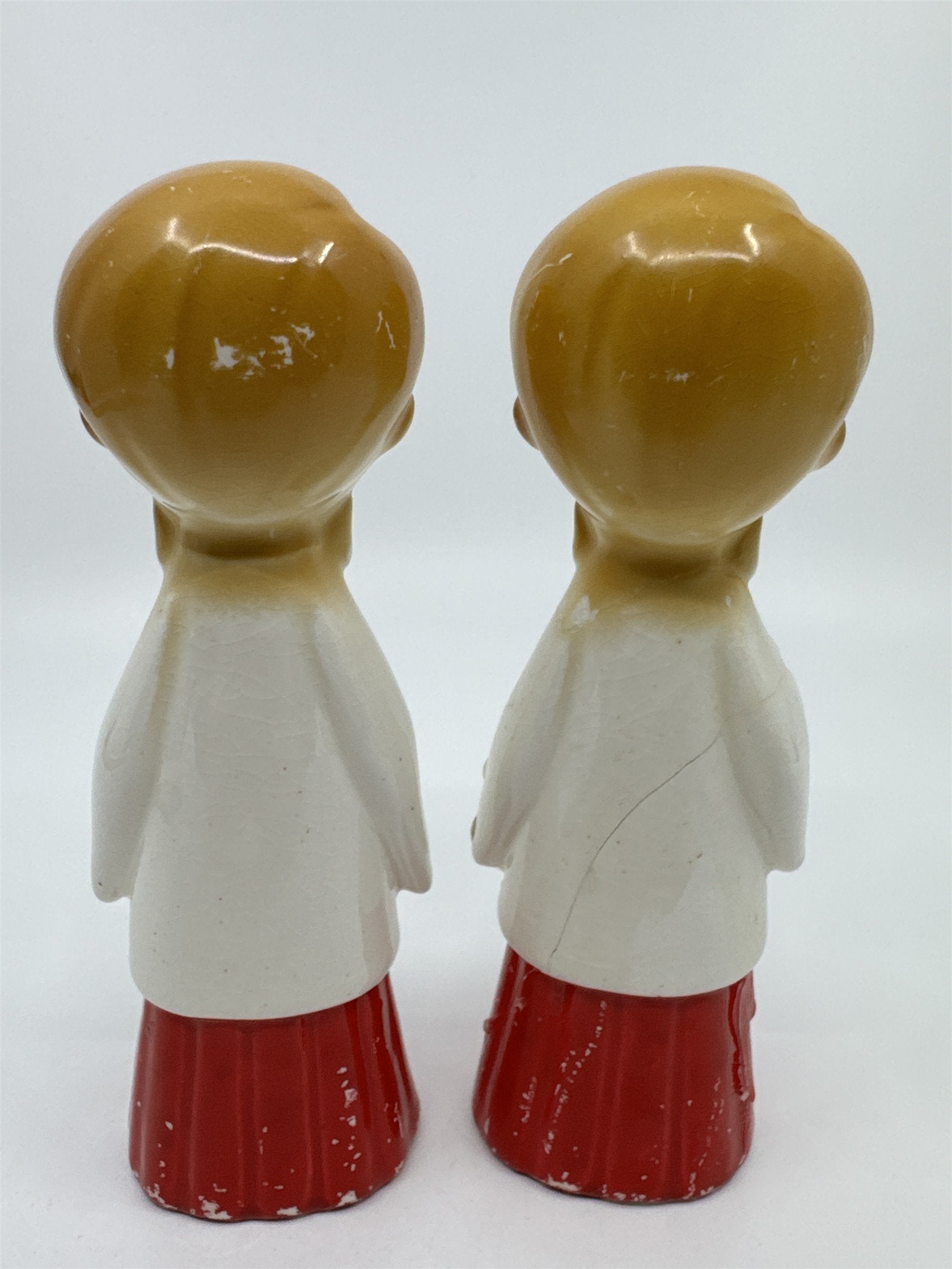 Set of Two MCM Ceramic Crazed Christmas Carolers with Tree and Bell Japan