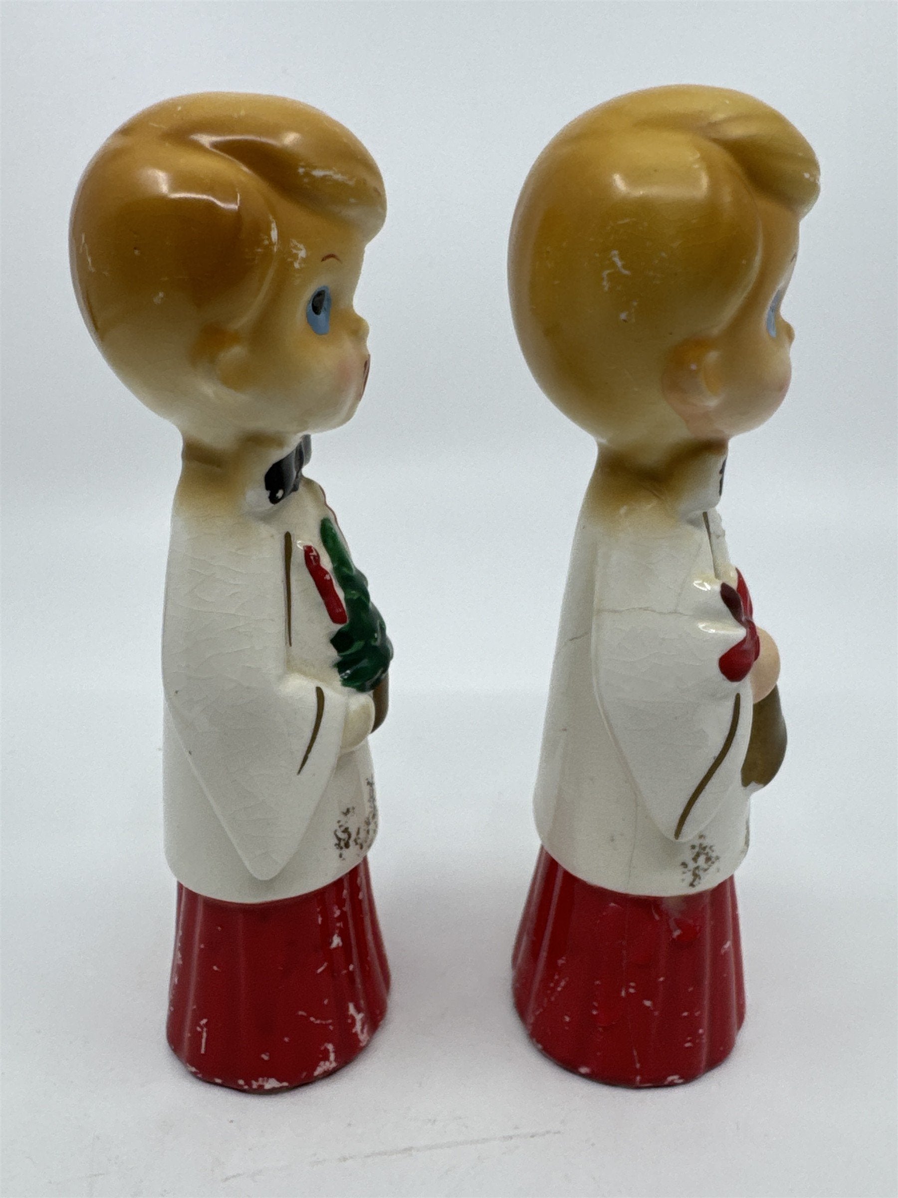 Set of Two MCM Ceramic Crazed Christmas Carolers with Tree and Bell Japan