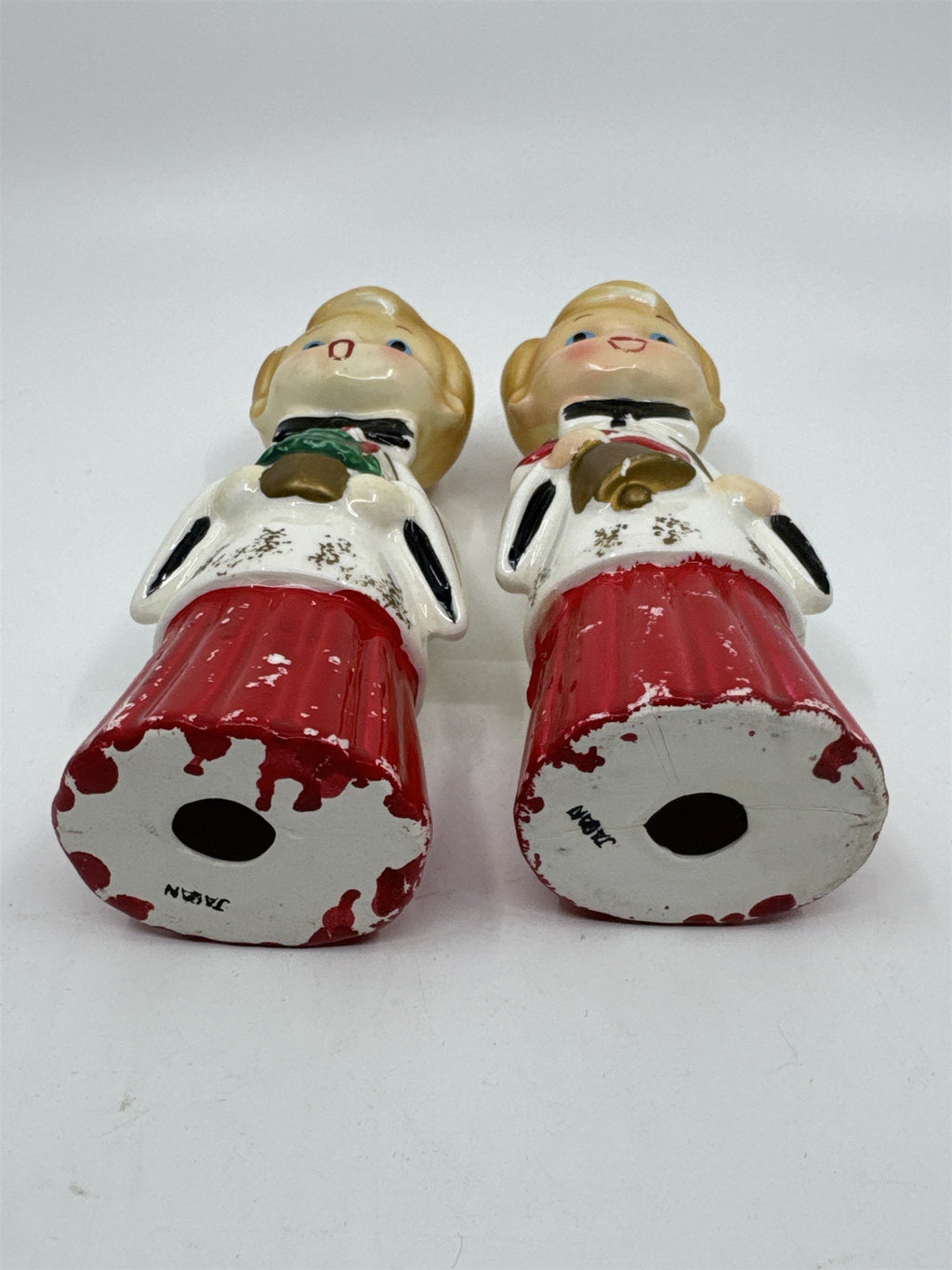 Set of Two MCM Ceramic Crazed Christmas Carolers with Tree and Bell Japan