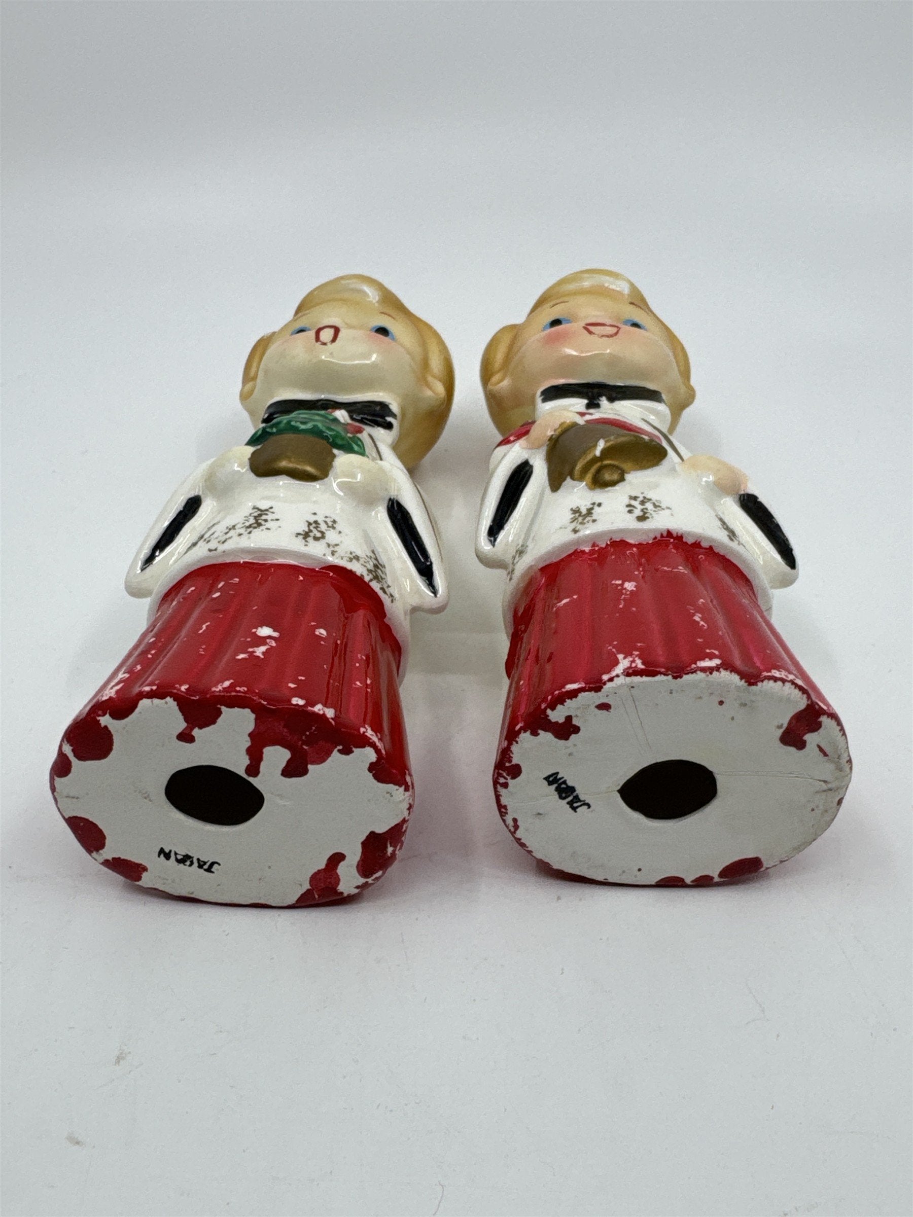 Set of Two MCM Ceramic Crazed Christmas Carolers with Tree and Bell Japan