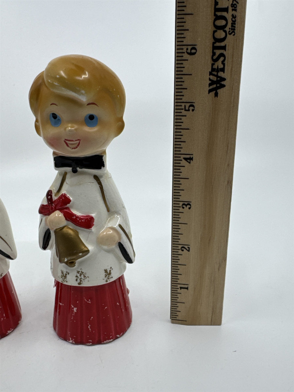 Set of Two MCM Ceramic Crazed Christmas Carolers with Tree and Bell Japan