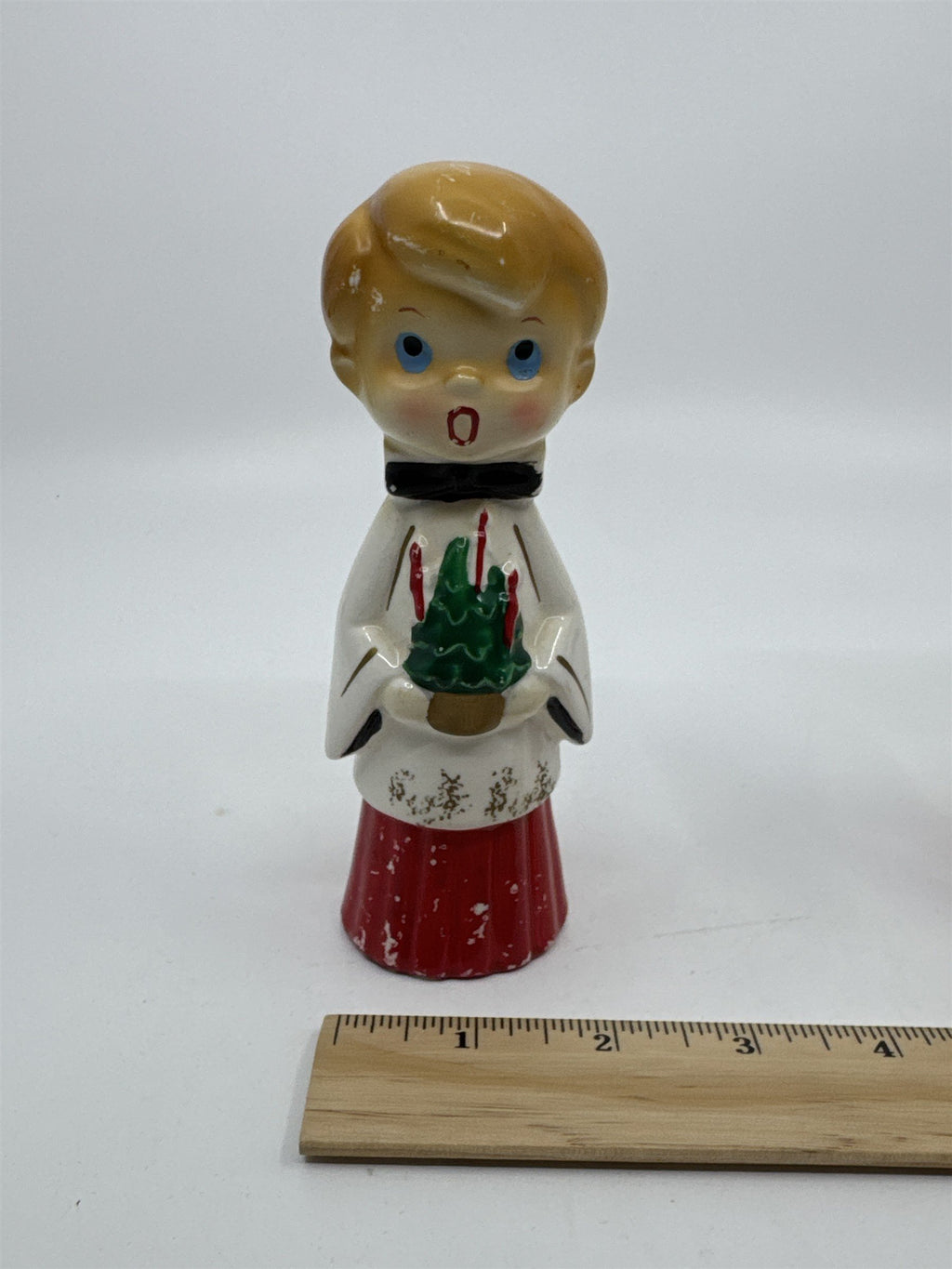 Set of Two MCM Ceramic Crazed Christmas Carolers with Tree and Bell Japan