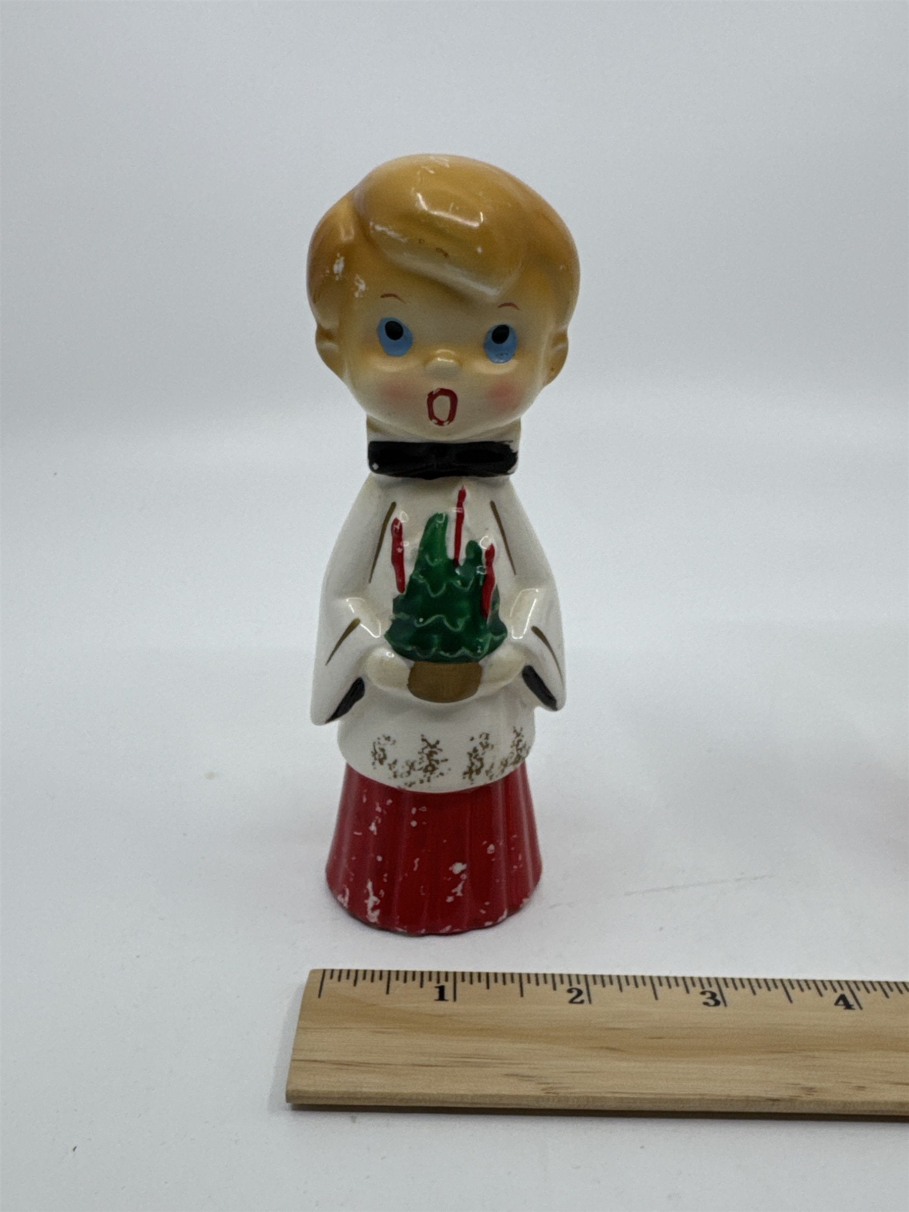 Set of Two MCM Ceramic Crazed Christmas Carolers with Tree and Bell Japan