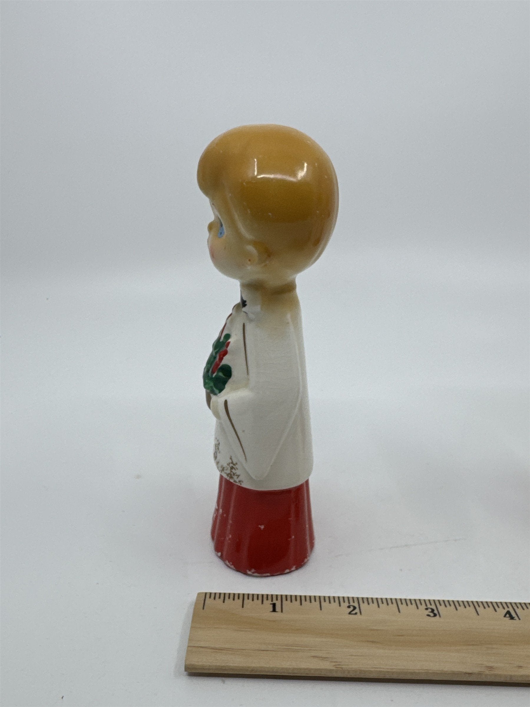 Set of Two MCM Ceramic Crazed Christmas Carolers with Tree and Bell Japan