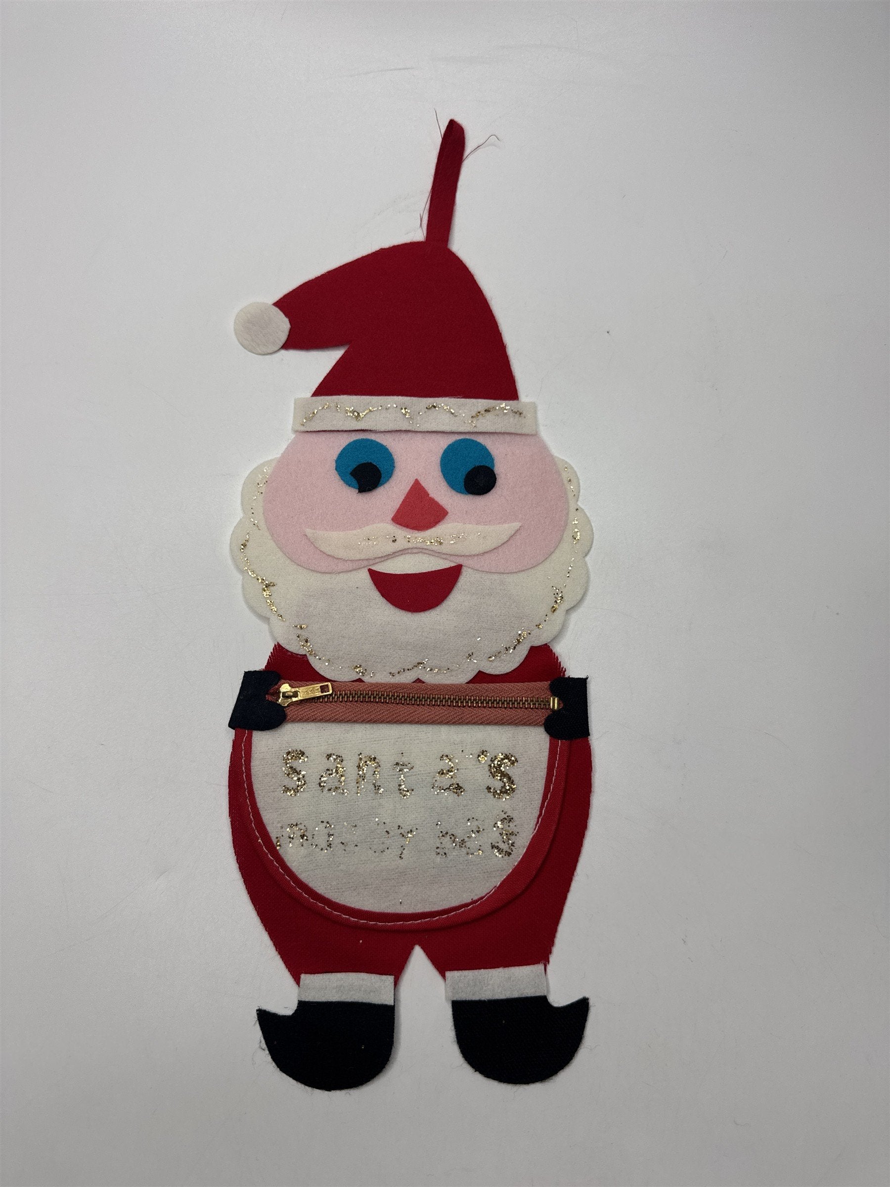 Vintage Japan Kitsch MCM Felt Santa's Money Bag Glitter Zipper Pouch Christmas