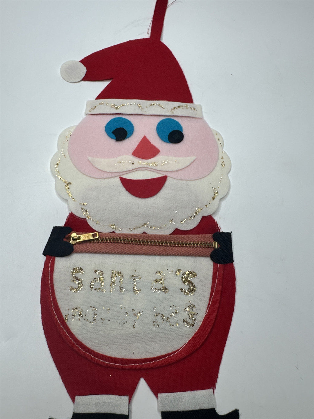 Vintage Japan Kitsch MCM Felt Santa's Money Bag Glitter Zipper Pouch Christmas