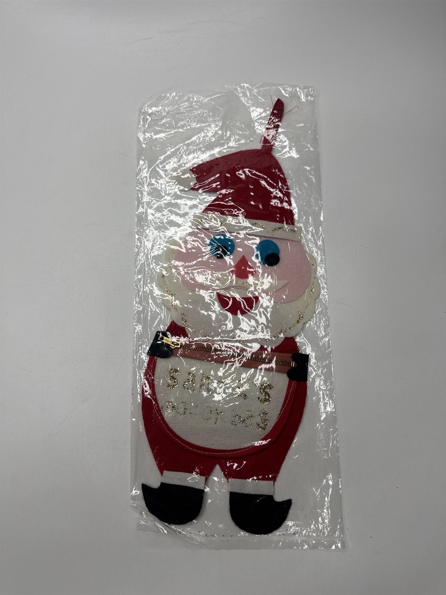 Vintage Japan Kitsch MCM Felt Santa's Money Bag Glitter Zipper Pouch Christmas