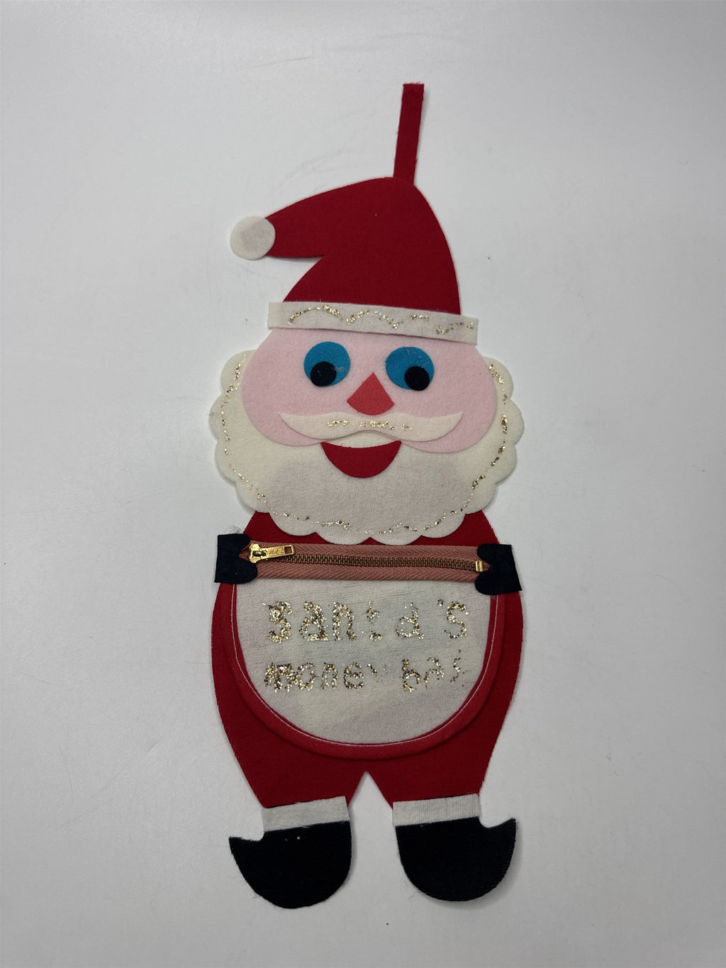 Vintage Japan Kitsch MCM Felt Santa's Money Bag Glitter Zipper Pouch Christmas