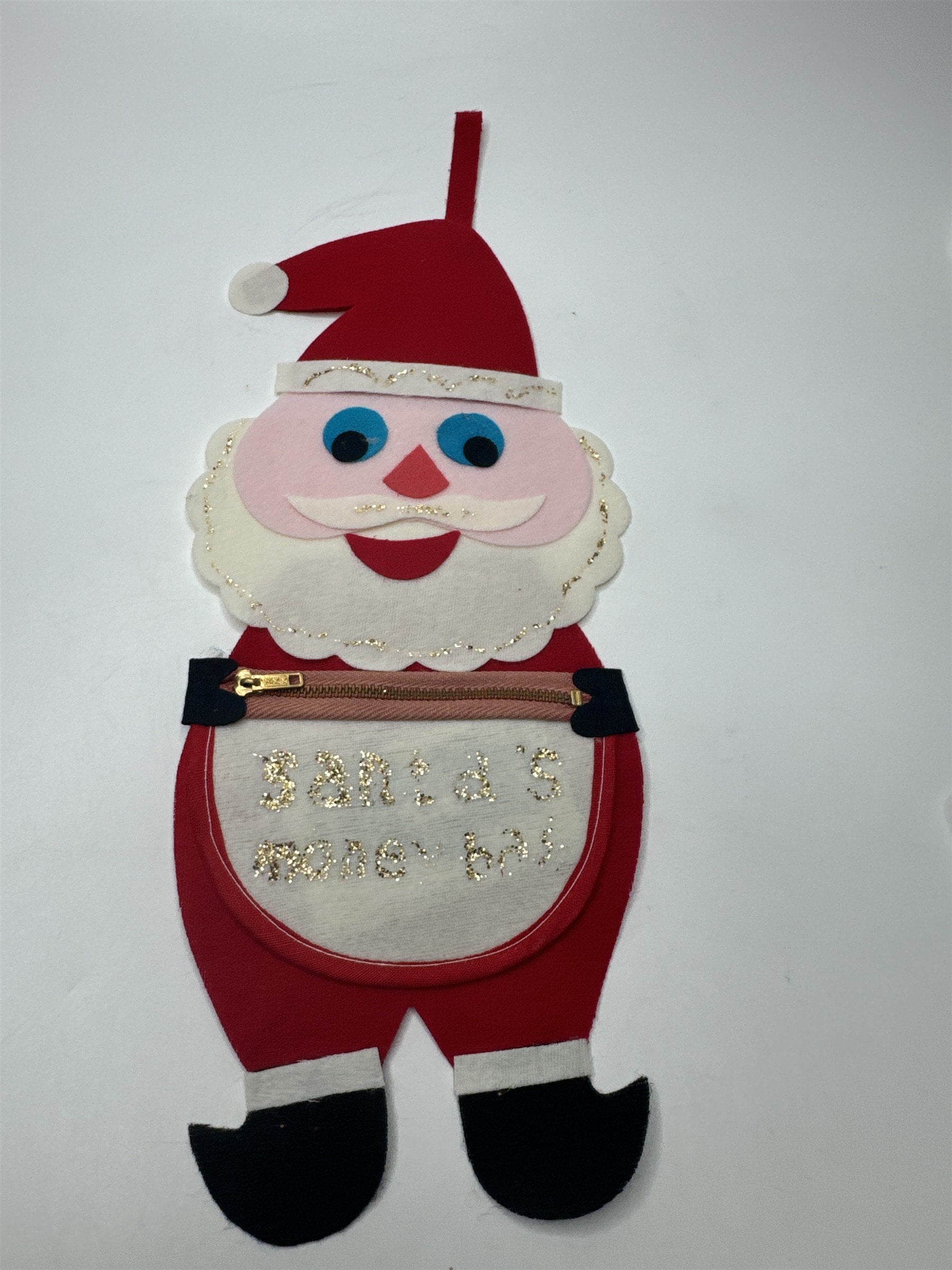 Vintage Japan Kitsch MCM Felt Santa's Money Bag Glitter Zipper Pouch Christmas