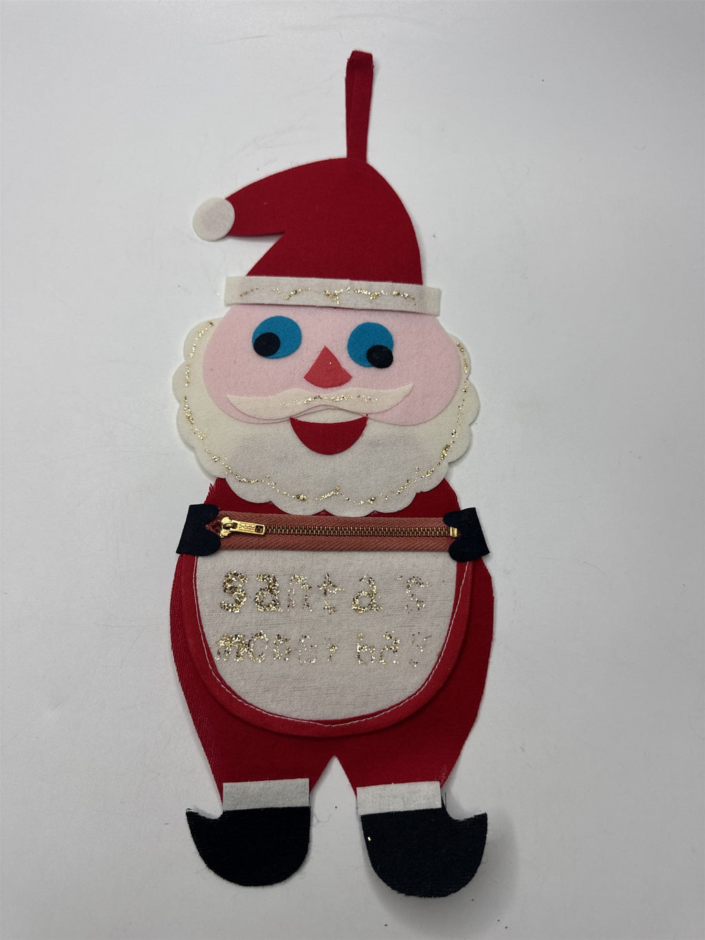 Vintage Japan Kitsch MCM Felt Santa's Money Bag Glitter Zipper Pouch Christmas