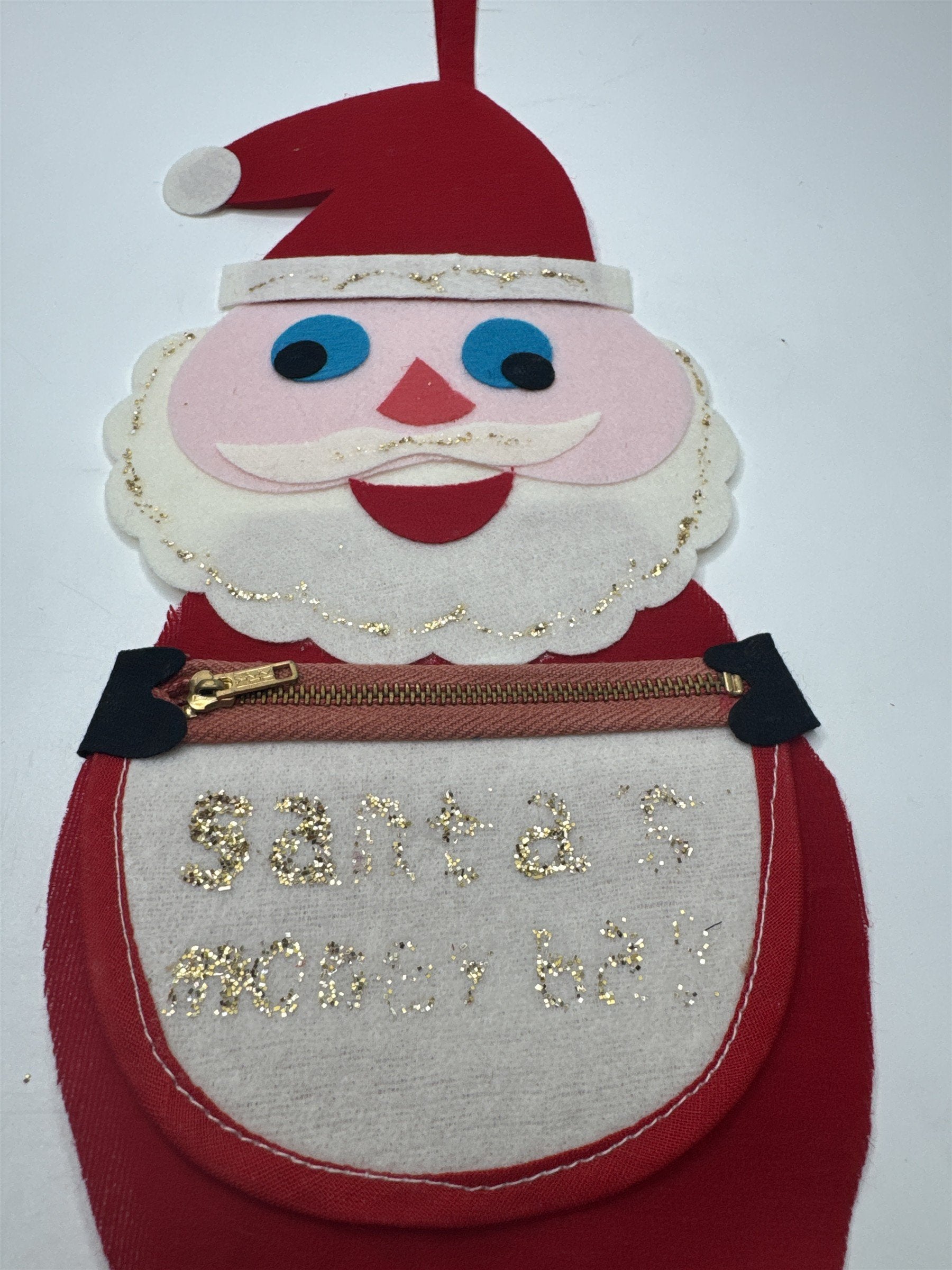 Vintage Japan Kitsch MCM Felt Santa's Money Bag Glitter Zipper Pouch Christmas