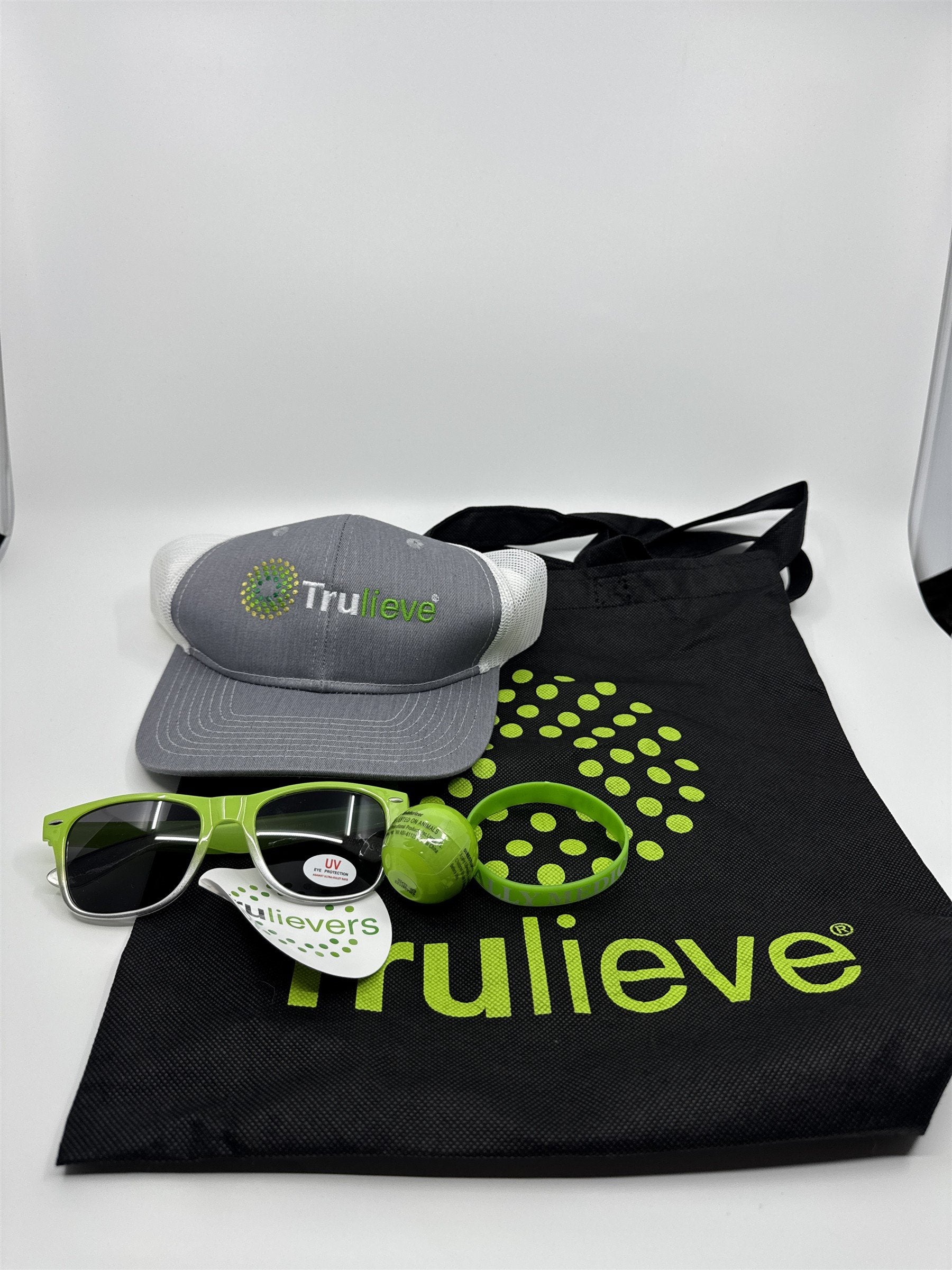 Trulieve Grey/Green Trucker Hat, Sunglasses, Sticker, Bracelet, Chapstick