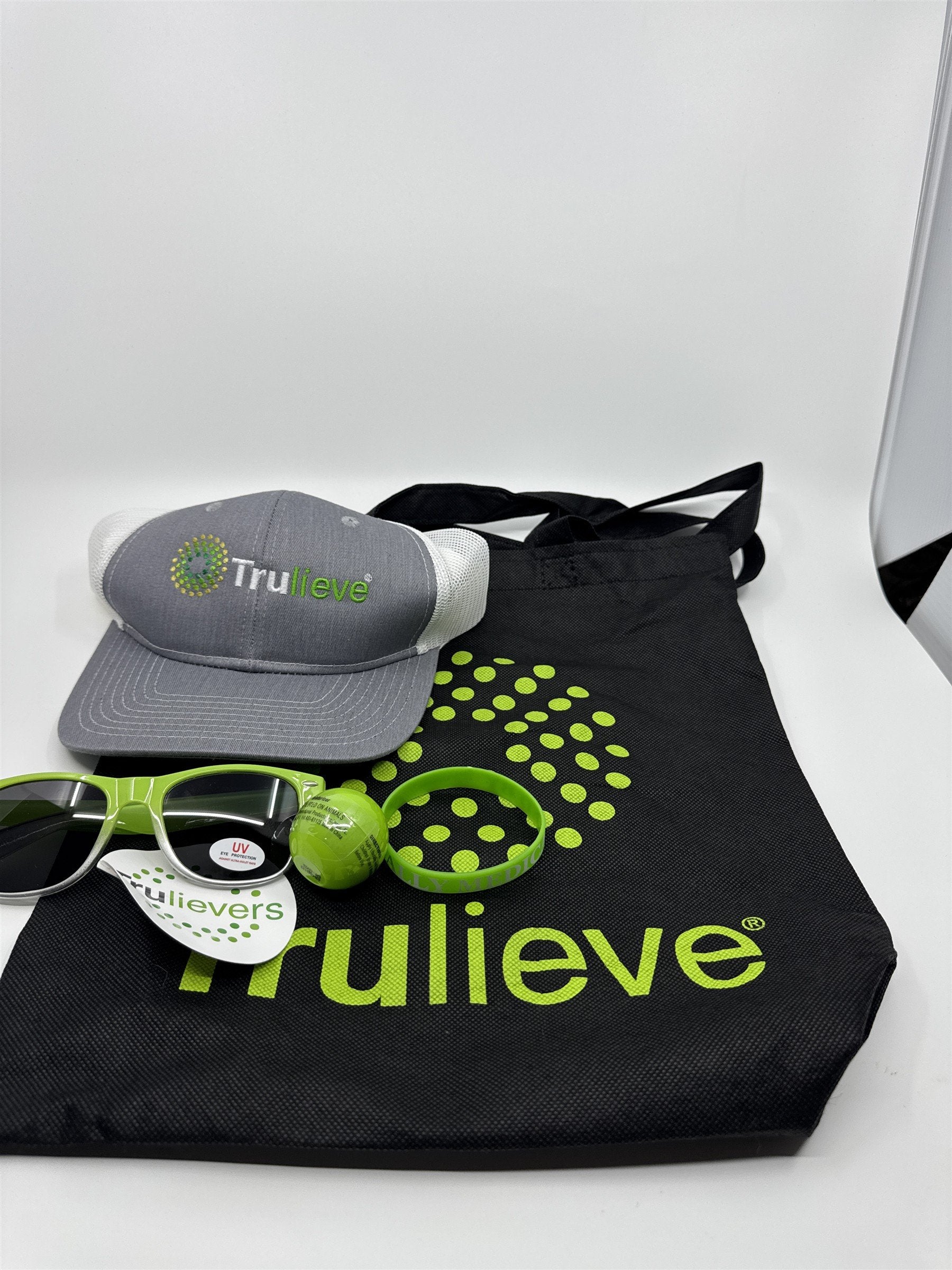 Trulieve Grey/Green Trucker Hat, Sunglasses, Sticker, Bracelet, Chapstick