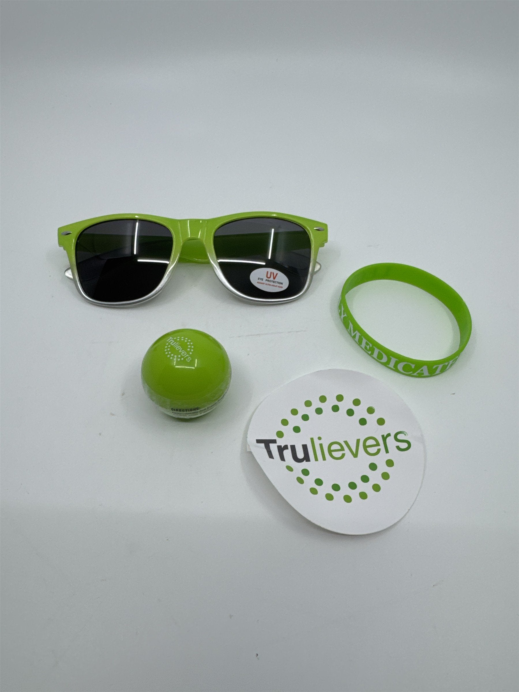 Trulieve Grey/Green Trucker Hat, Sunglasses, Sticker, Bracelet, Chapstick