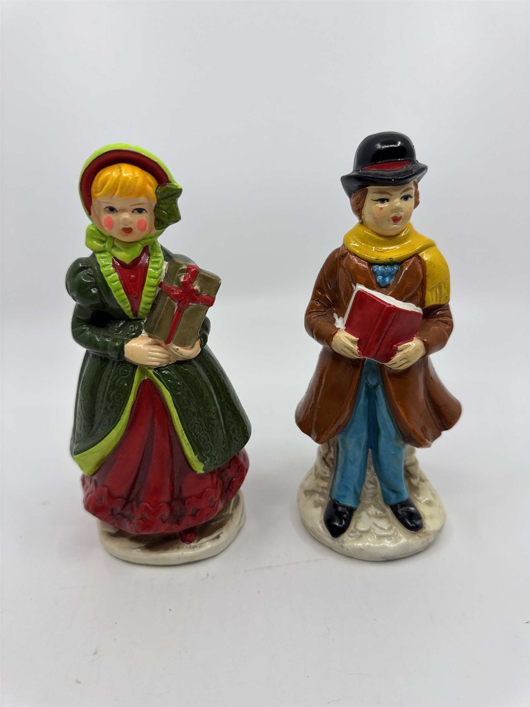 Set of Two Vintage Christmas Carolers with Gift and Book By RB Made in Japan