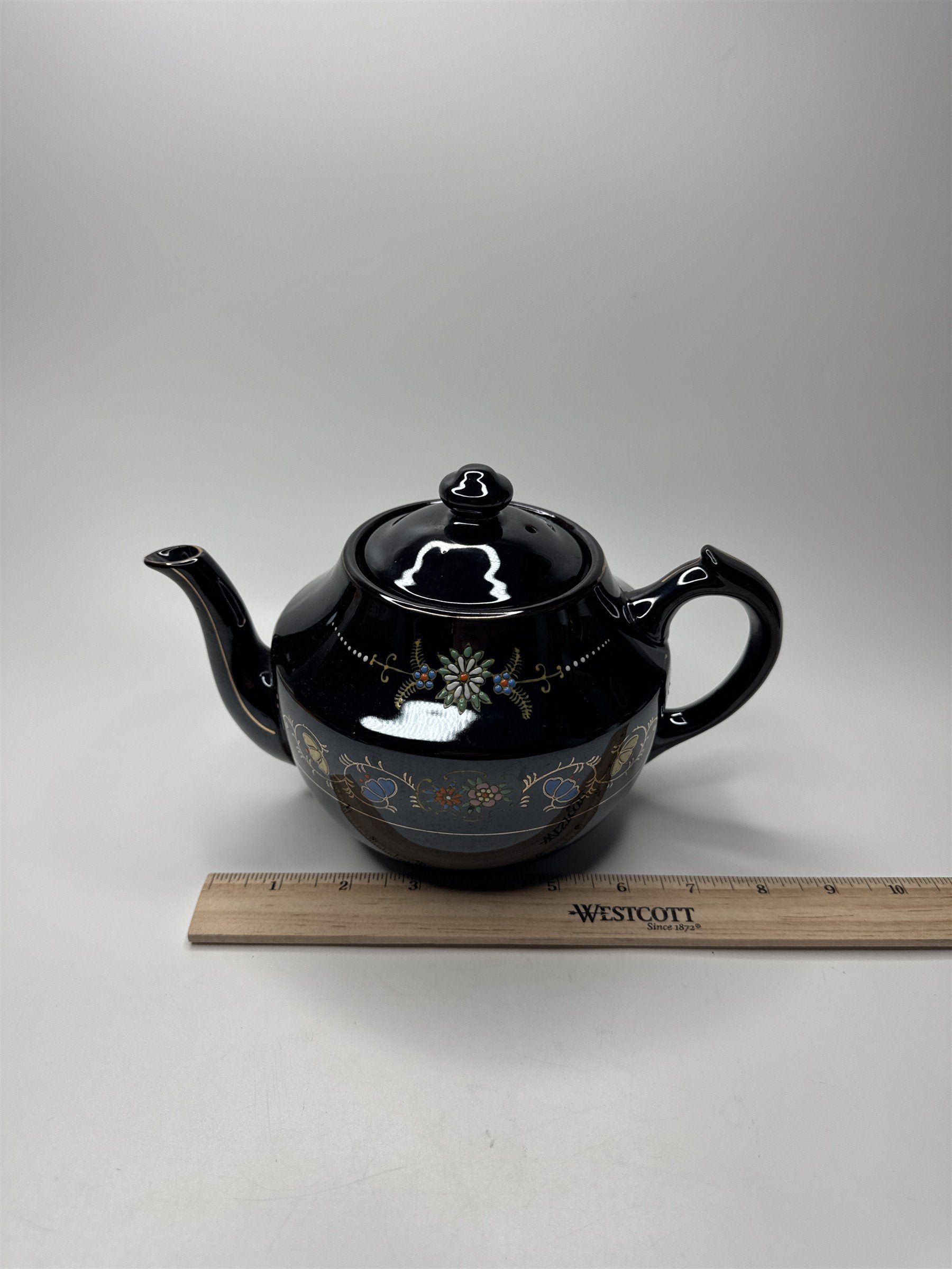 Vintage Ceramic Floral Hand Painted Teapot Moriage Large Made in Japan Brown MCM