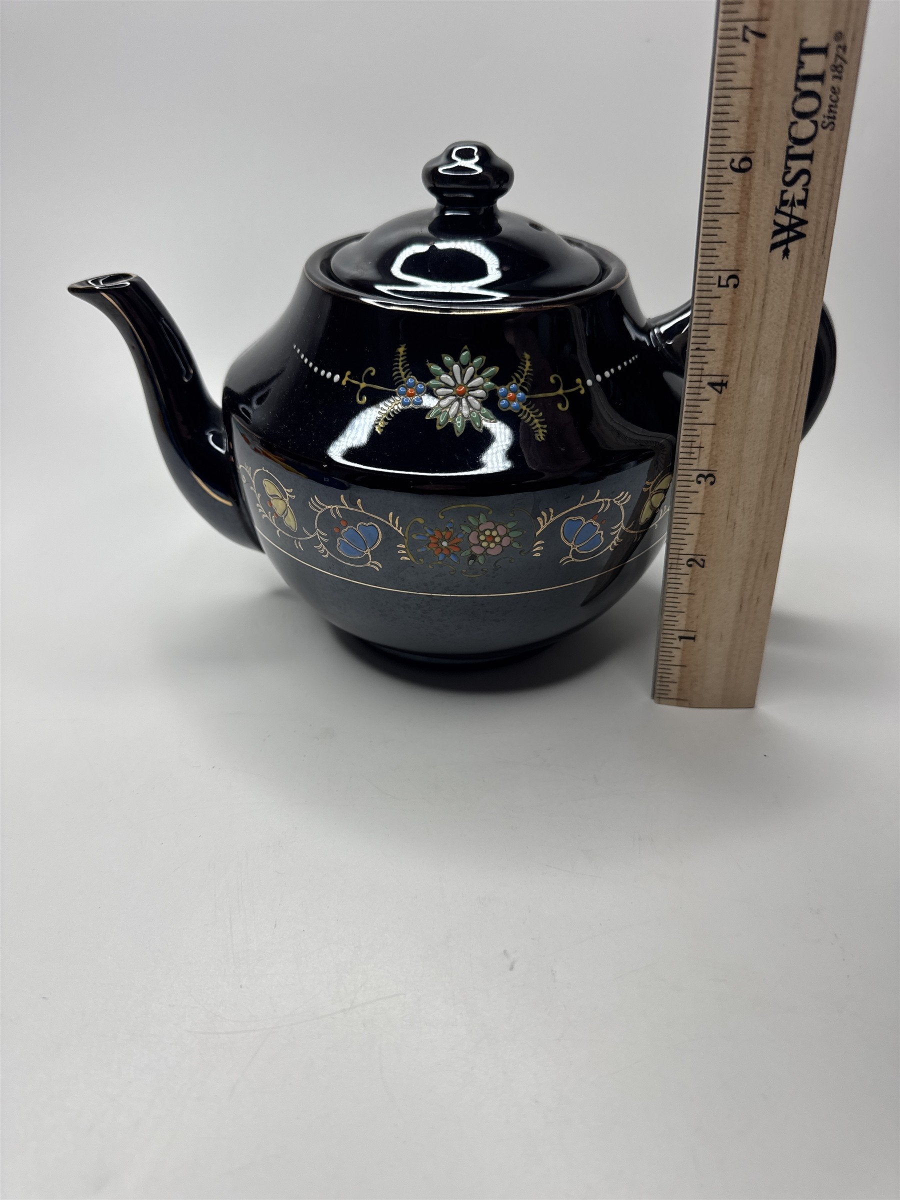 Vintage Ceramic Floral Hand Painted Teapot Moriage Large Made in Japan Brown MCM