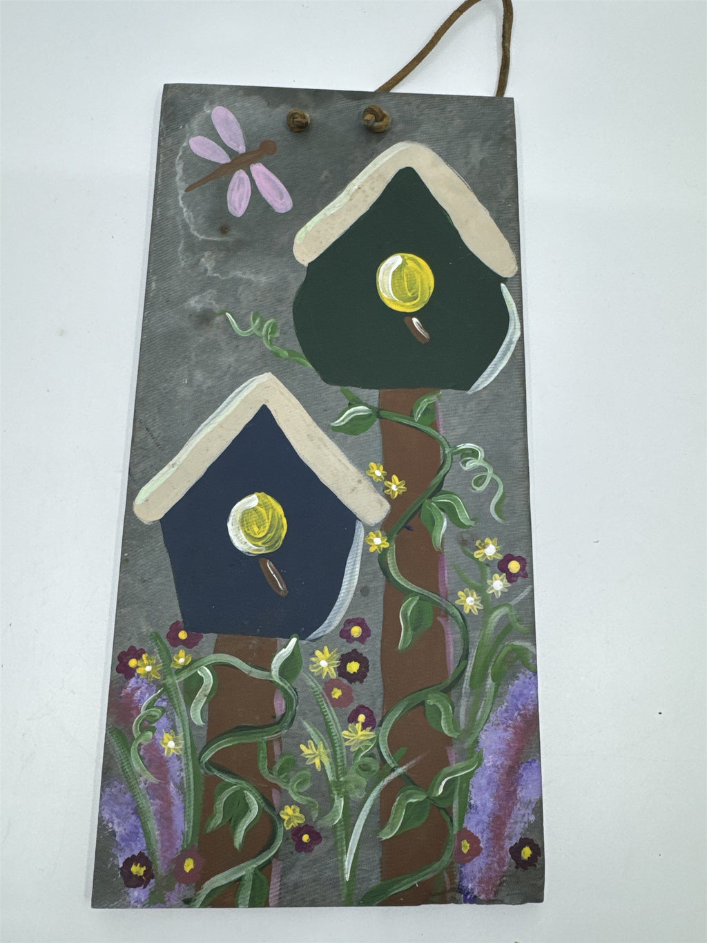 Vintage Hand Painted Hanging Slate Rock with Bird Houses, Vines and A Dragonfly