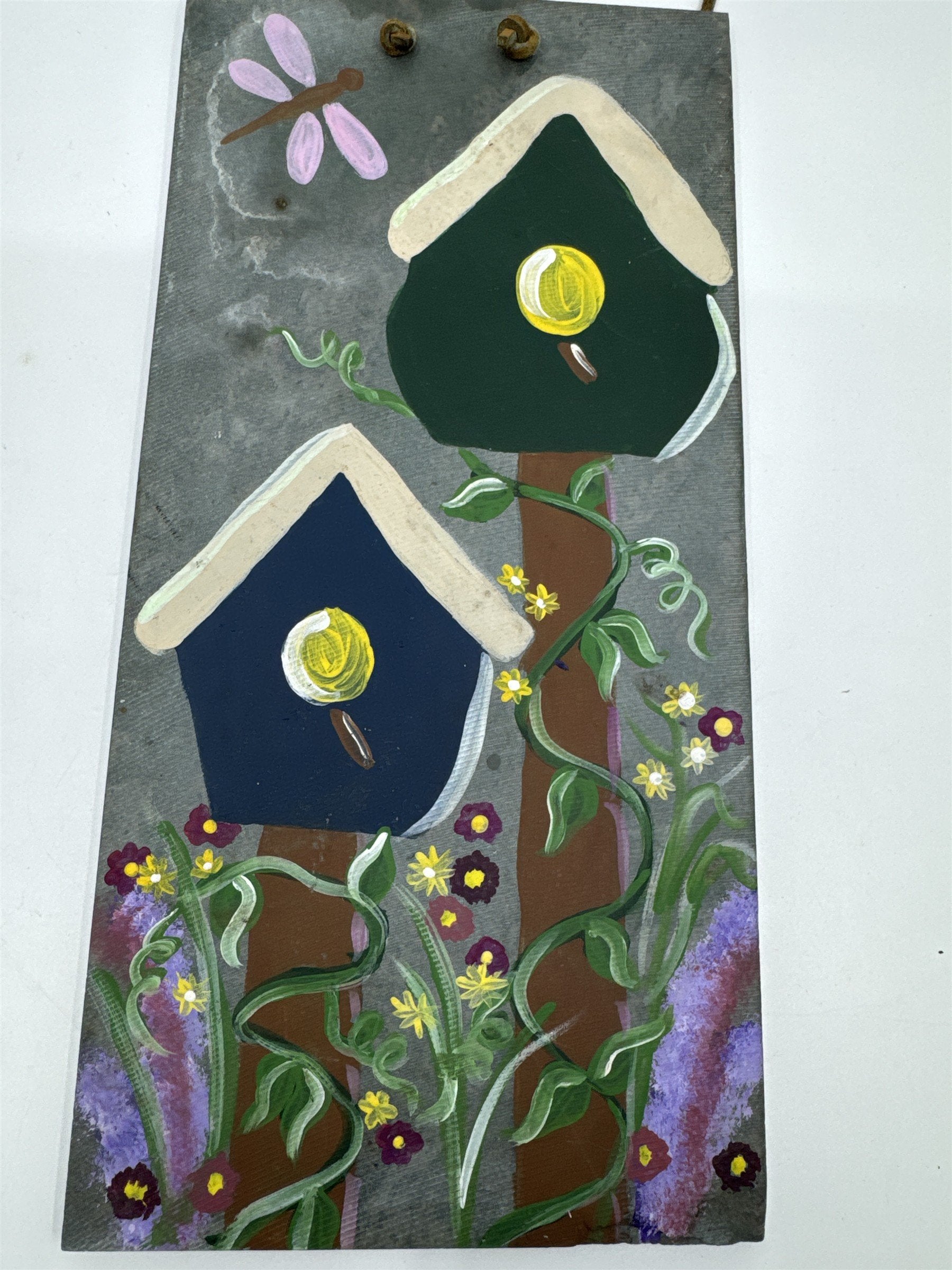 Vintage Hand Painted Hanging Slate Rock with Bird Houses, Vines and A Dragonfly