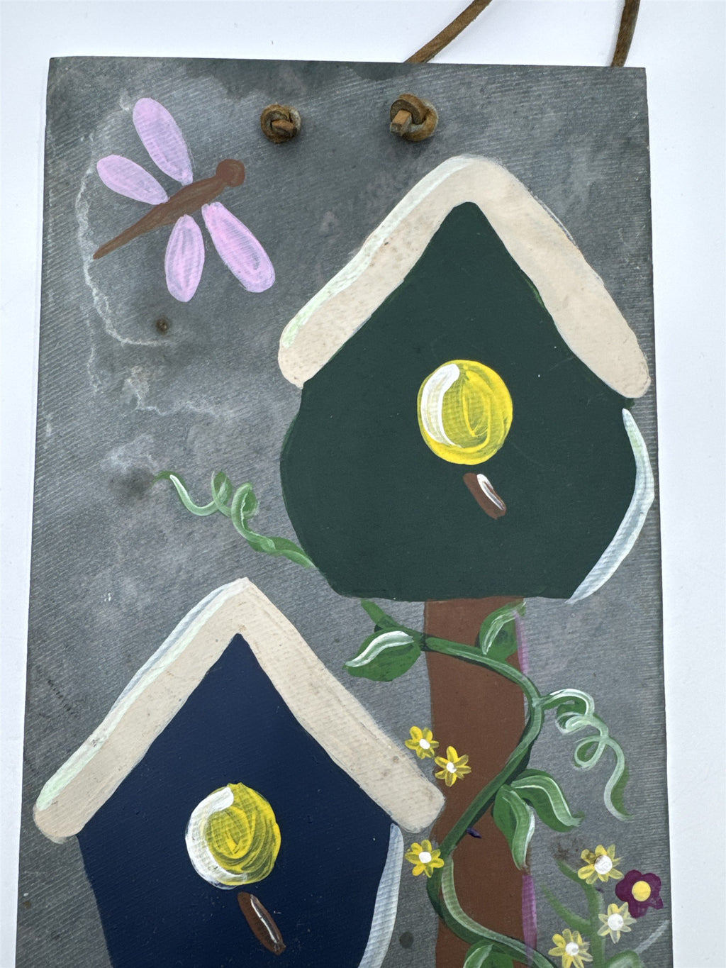 Vintage Hand Painted Hanging Slate Rock with Bird Houses, Vines and A Dragonfly