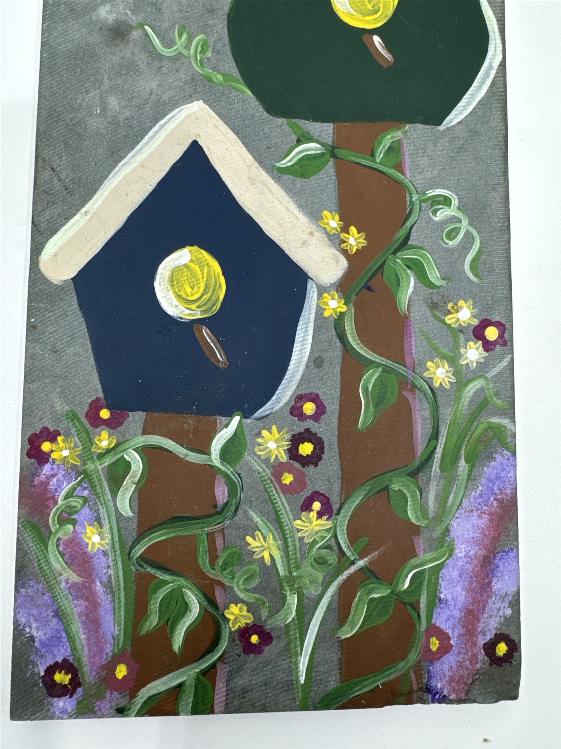 Vintage Hand Painted Hanging Slate Rock with Bird Houses, Vines and A Dragonfly