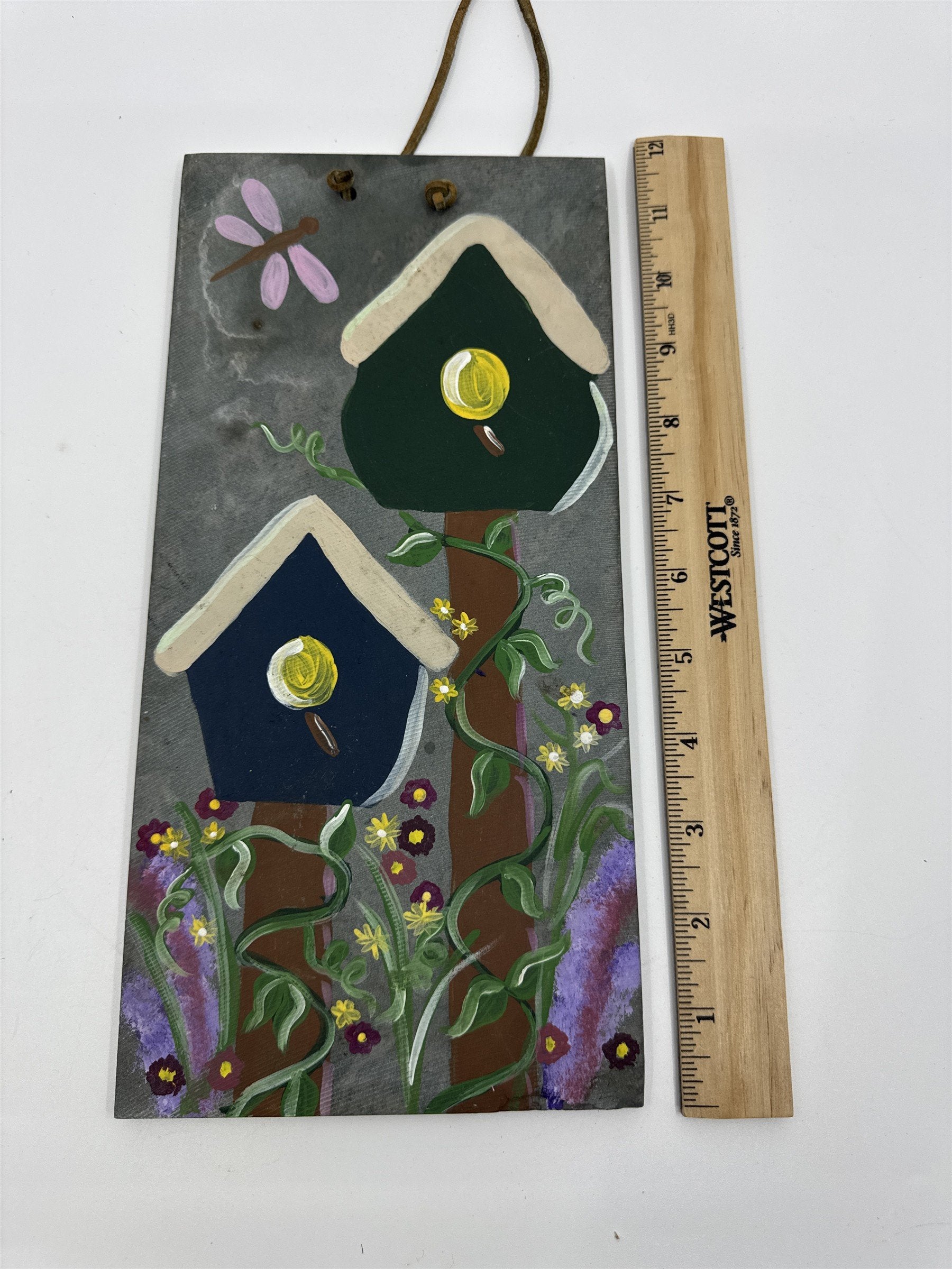 Vintage Hand Painted Hanging Slate Rock with Bird Houses, Vines and A Dragonfly