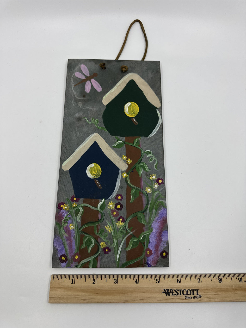 Vintage Hand Painted Hanging Slate Rock with Bird Houses, Vines and A Dragonfly