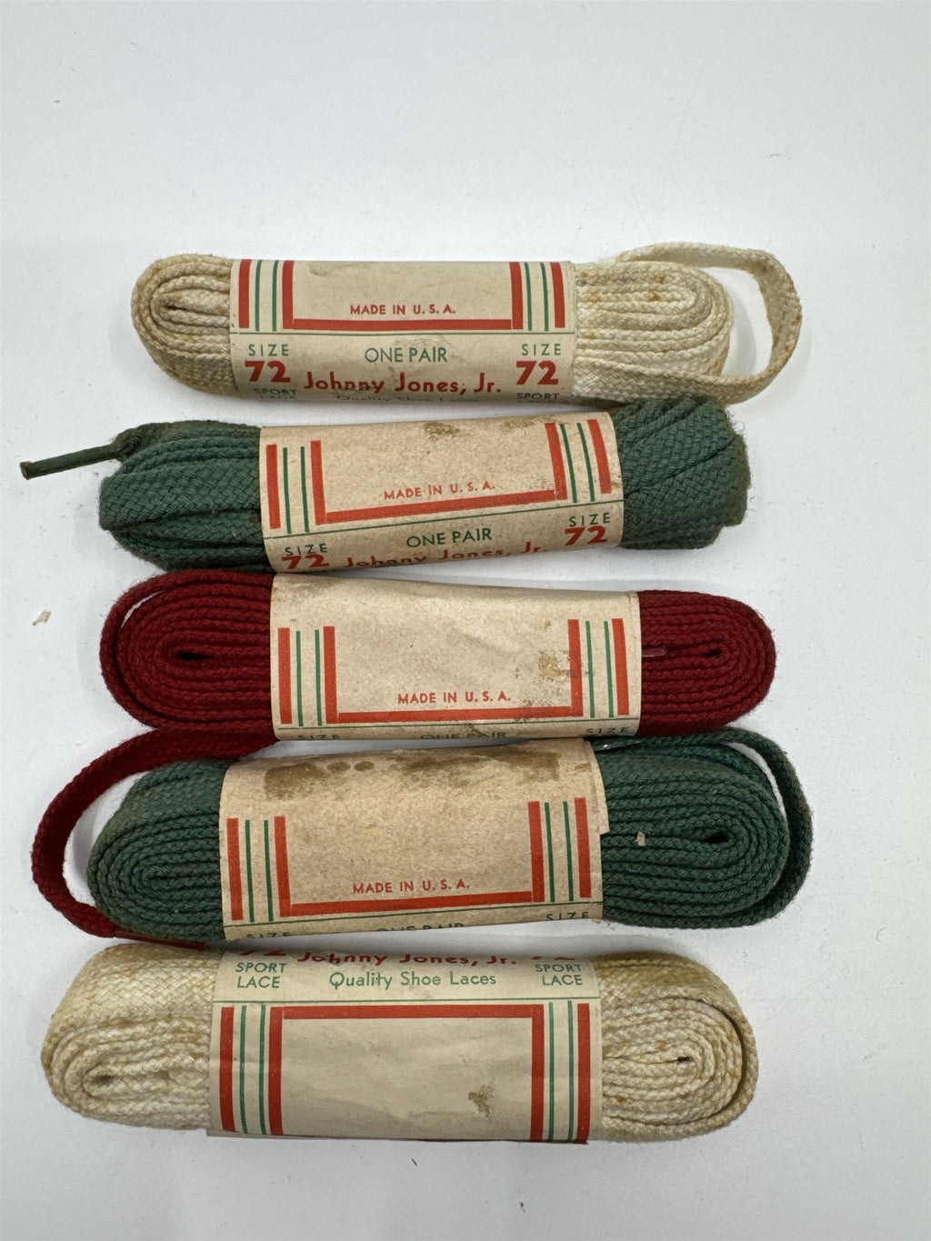 Set of 5 Vintage Johnny Jones Jr. Quality Shoelaces Red, White, Green Size 72
