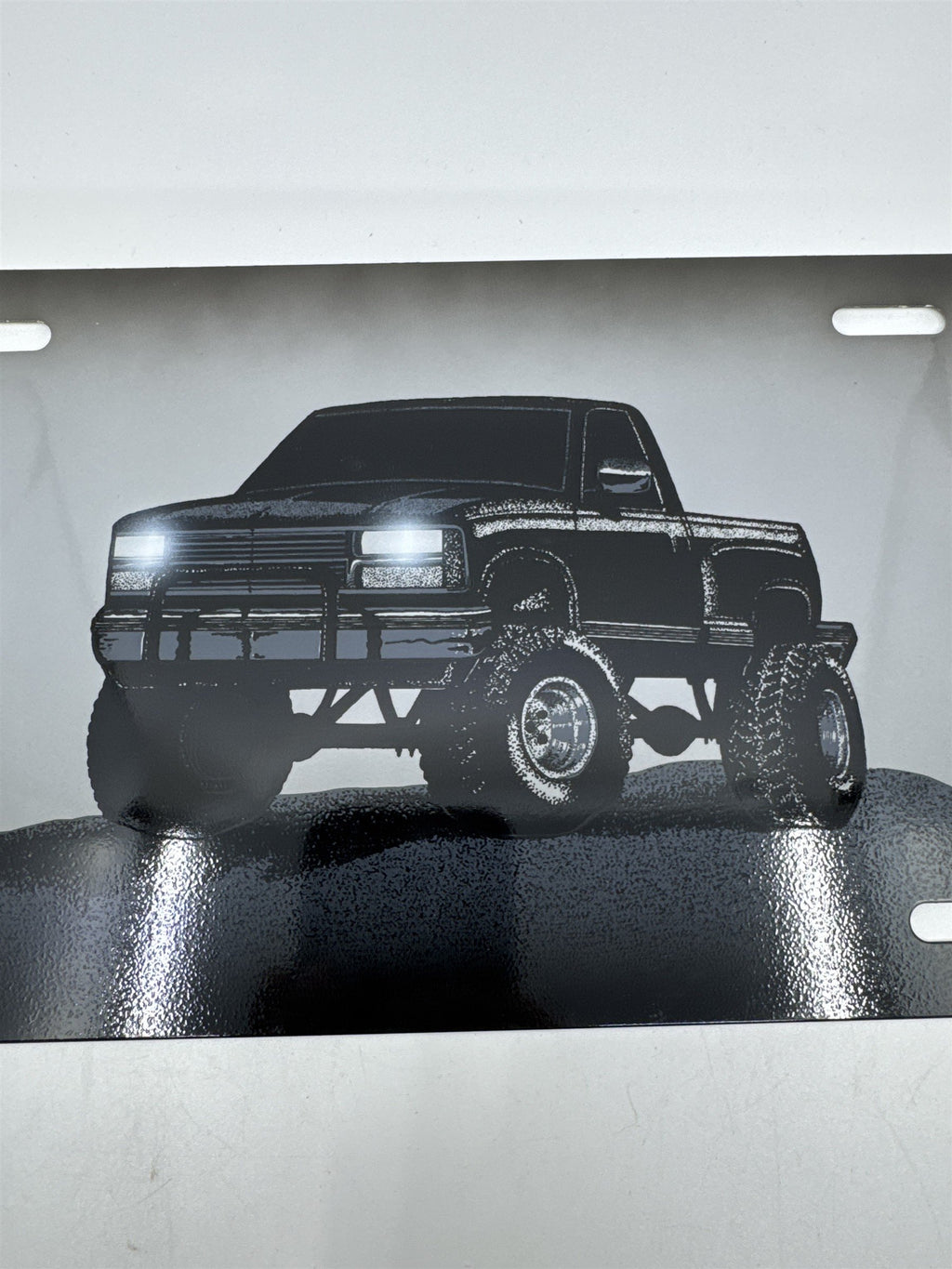 Vintage Grey Metal License Plate Sign with Black Lifted Truck for Truck Lovers