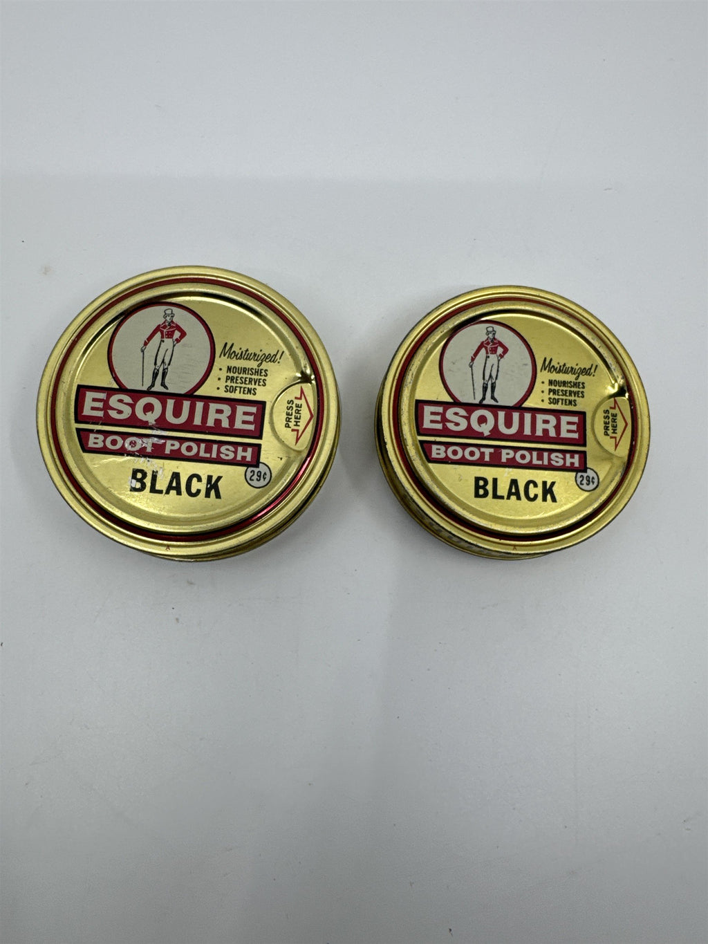 Set of Two Vintage Esquire Black Boot Polish 1 1/8 Oz Gold Tins Advertising