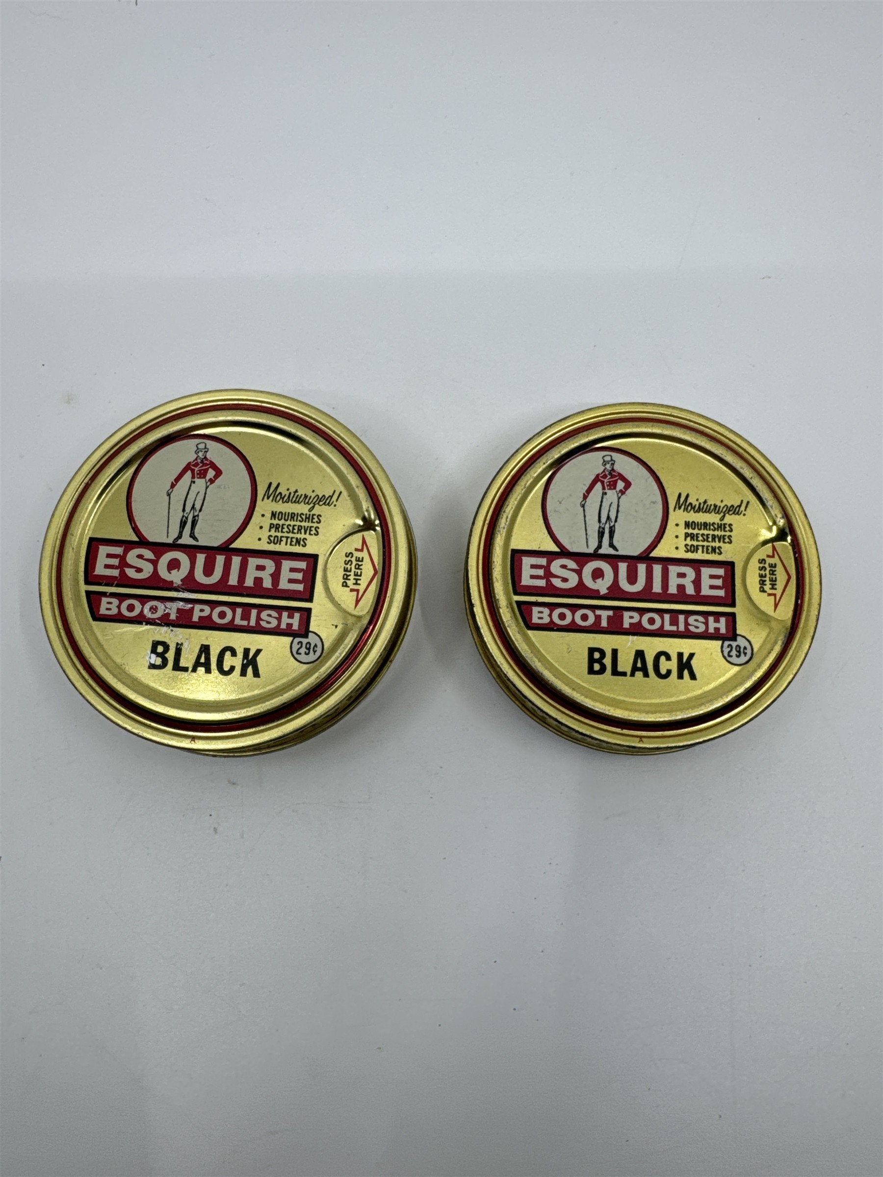 Set of Two Vintage Esquire Black Boot Polish 1 1/8 Oz Gold Tins Advertising