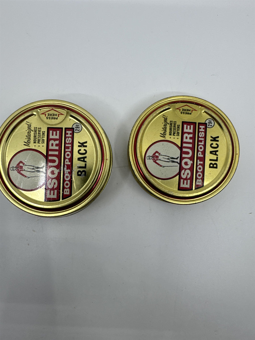 Set of Two Vintage Esquire Black Boot Polish 1 1/8 Oz Gold Tins Advertising