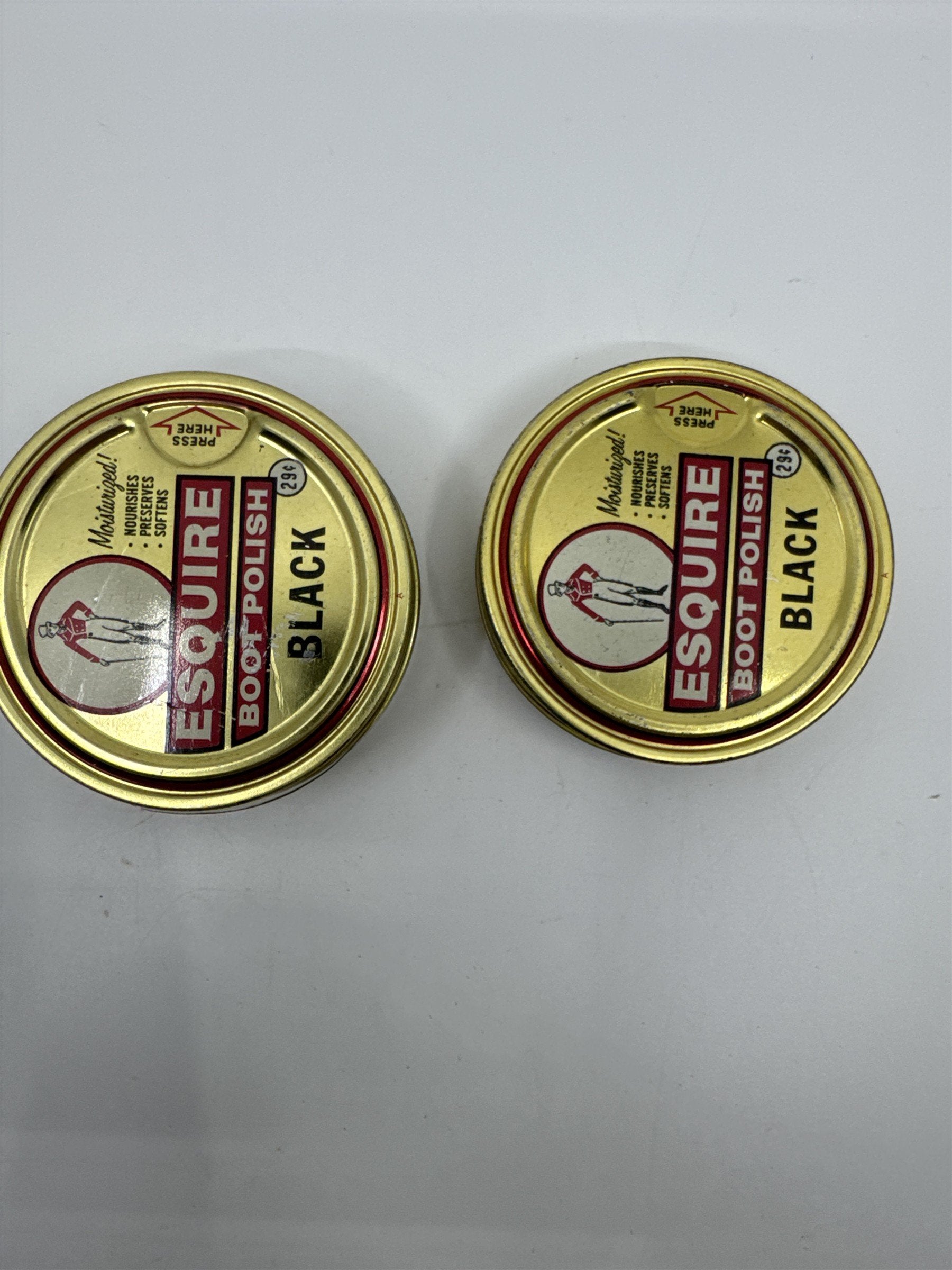 Set of Two Vintage Esquire Black Boot Polish 1 1/8 Oz Gold Tins Advertising