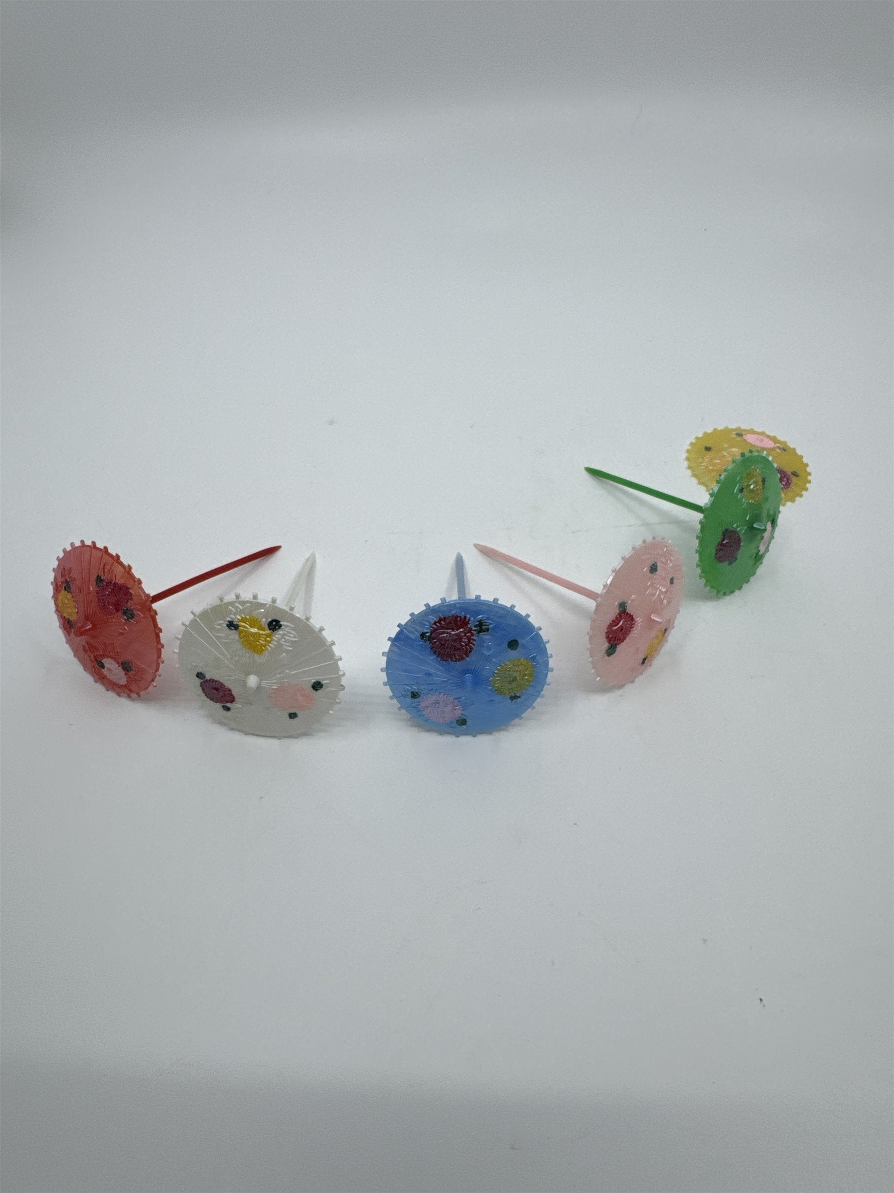 Set of Six Vintage Plastic Cake Topper Parasols Painted Umbrellas Multicolor
