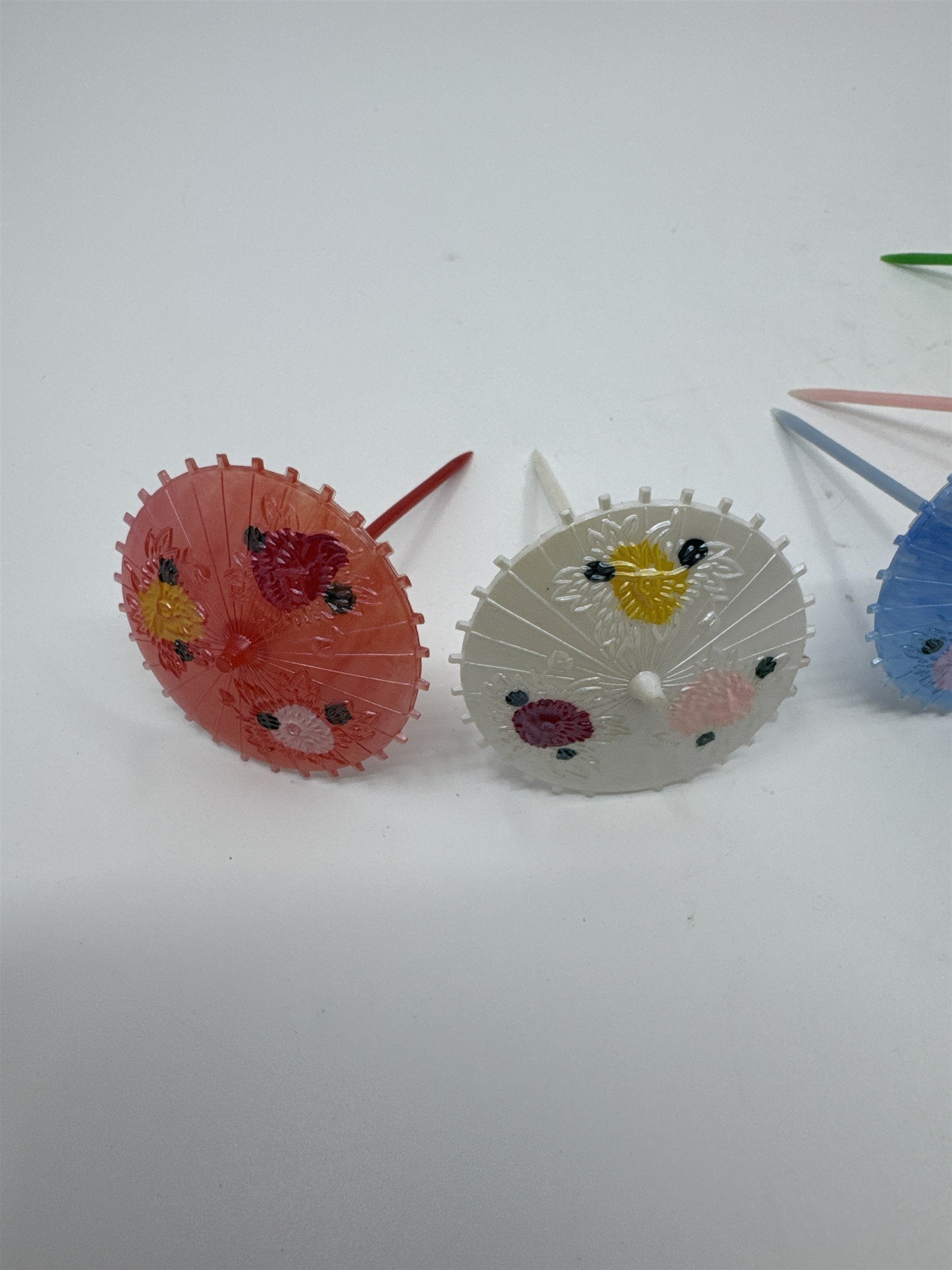 Set of Six Vintage Plastic Cake Topper Parasols Painted Umbrellas Multicolor