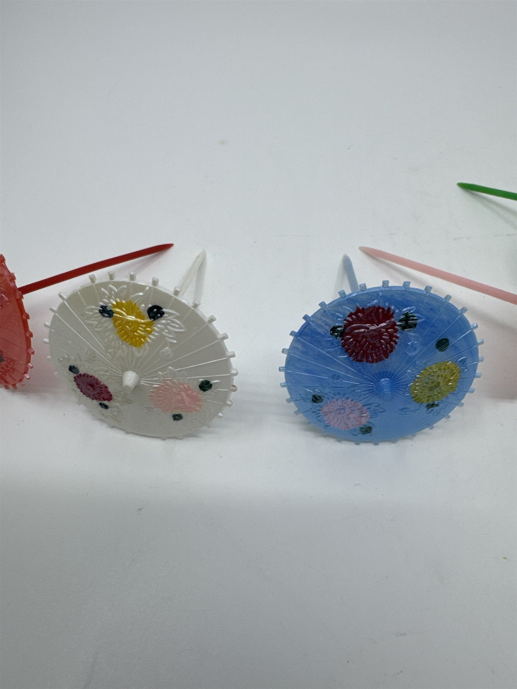 Set of Six Vintage Plastic Cake Topper Parasols Painted Umbrellas Multicolor
