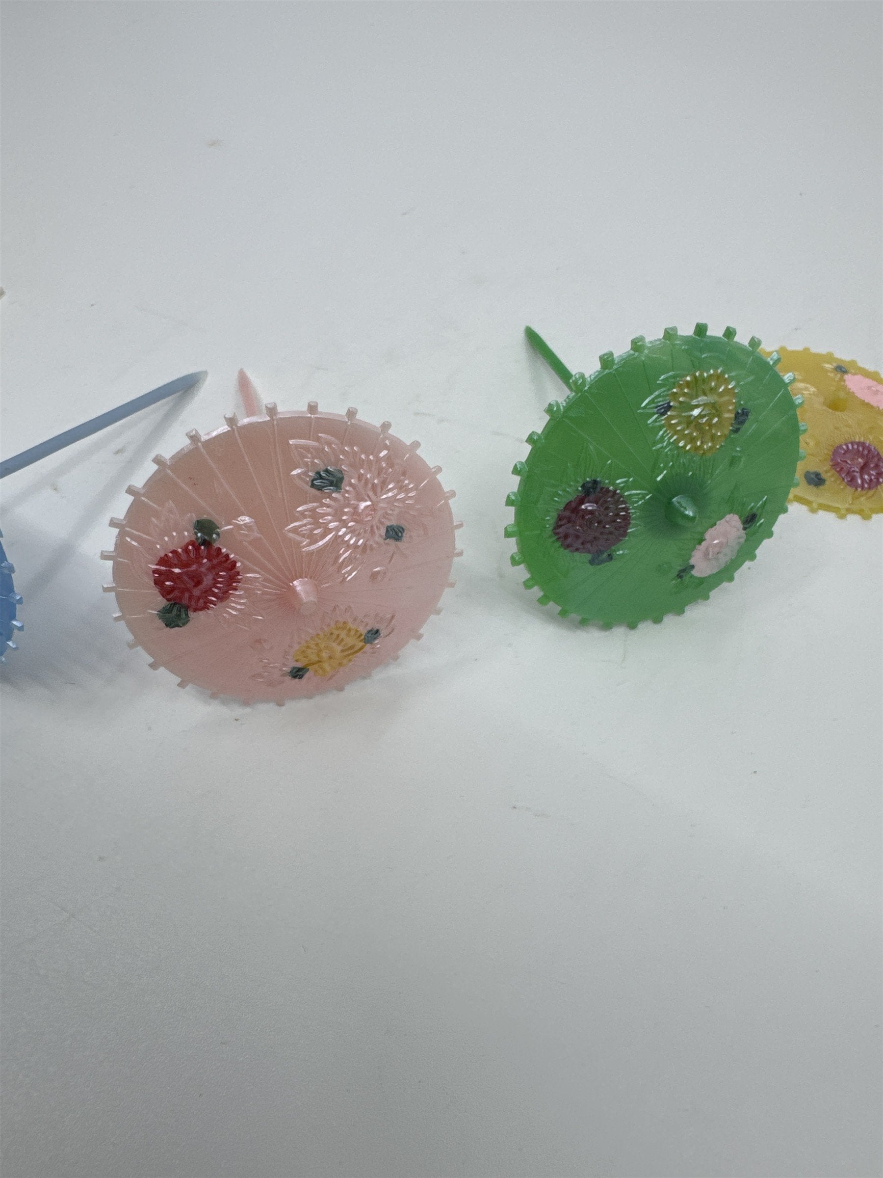 Set of Six Vintage Plastic Cake Topper Parasols Painted Umbrellas Multicolor