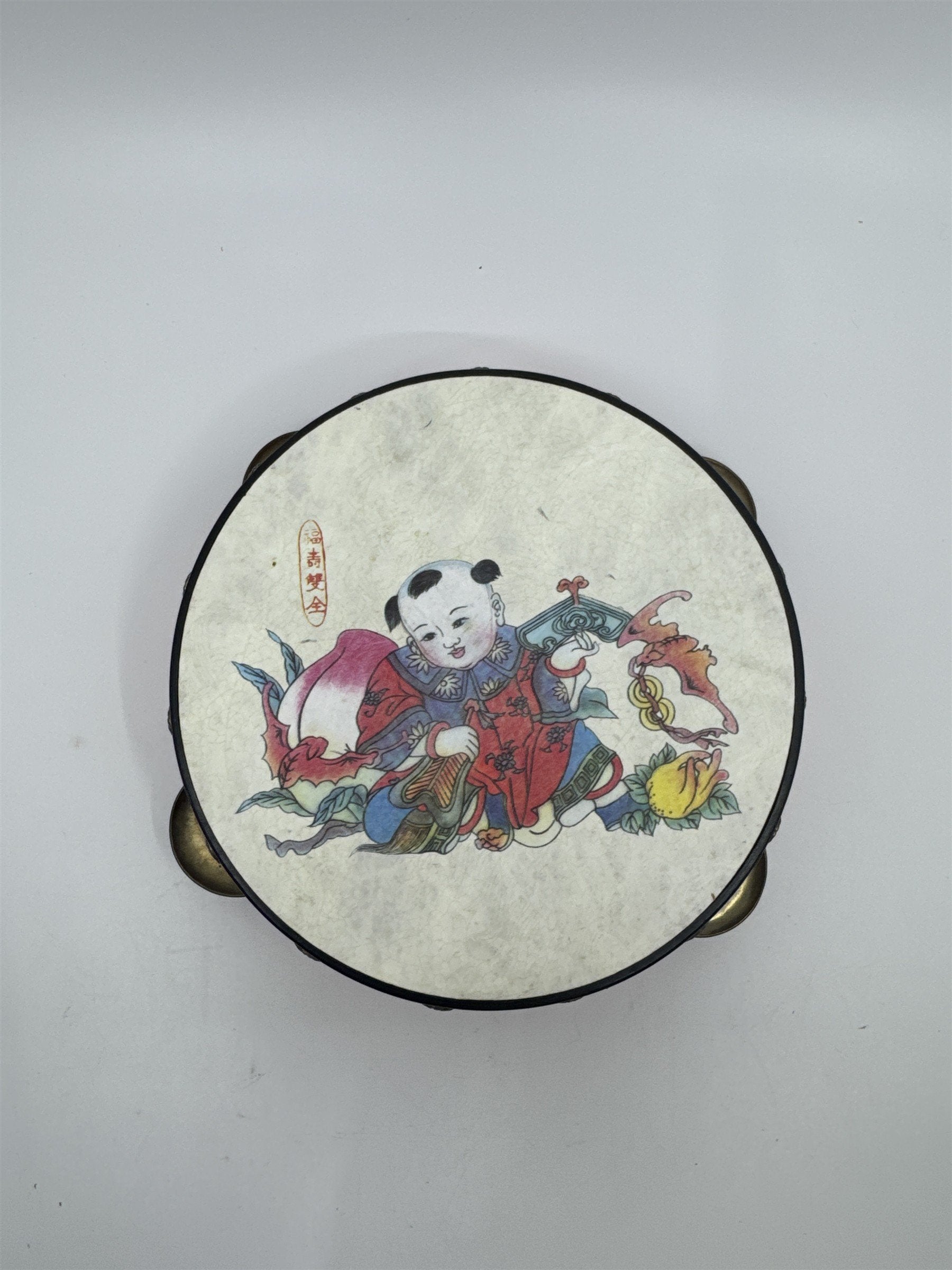 Vintage Red Chinese Rattle Tambourine Drum Musical Instrument Hand Held Art