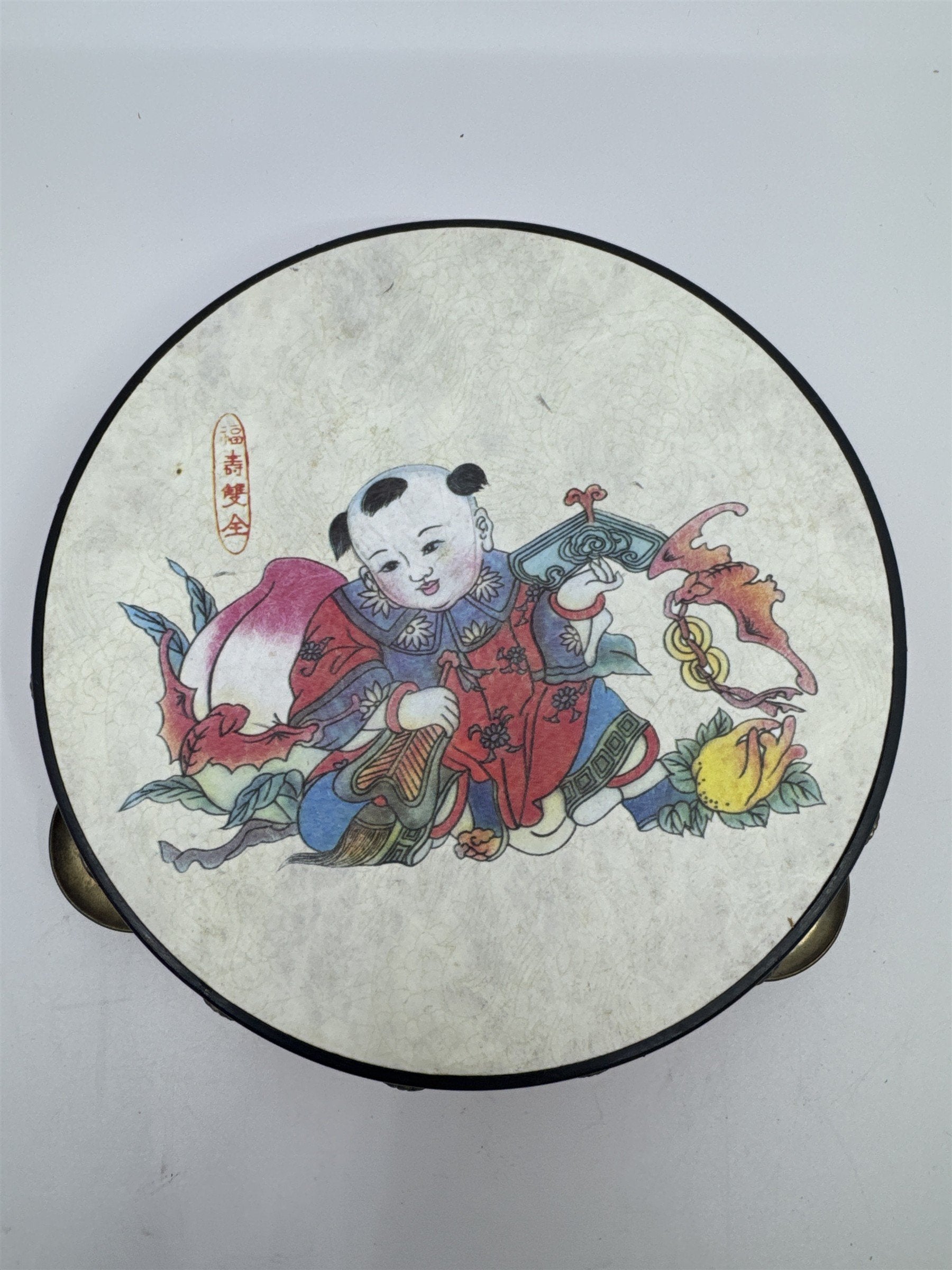 Vintage Red Chinese Rattle Tambourine Drum Musical Instrument Hand Held Art