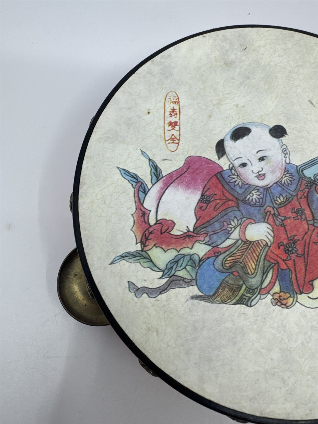 Vintage Red Chinese Rattle Tambourine Drum Musical Instrument Hand Held Art
