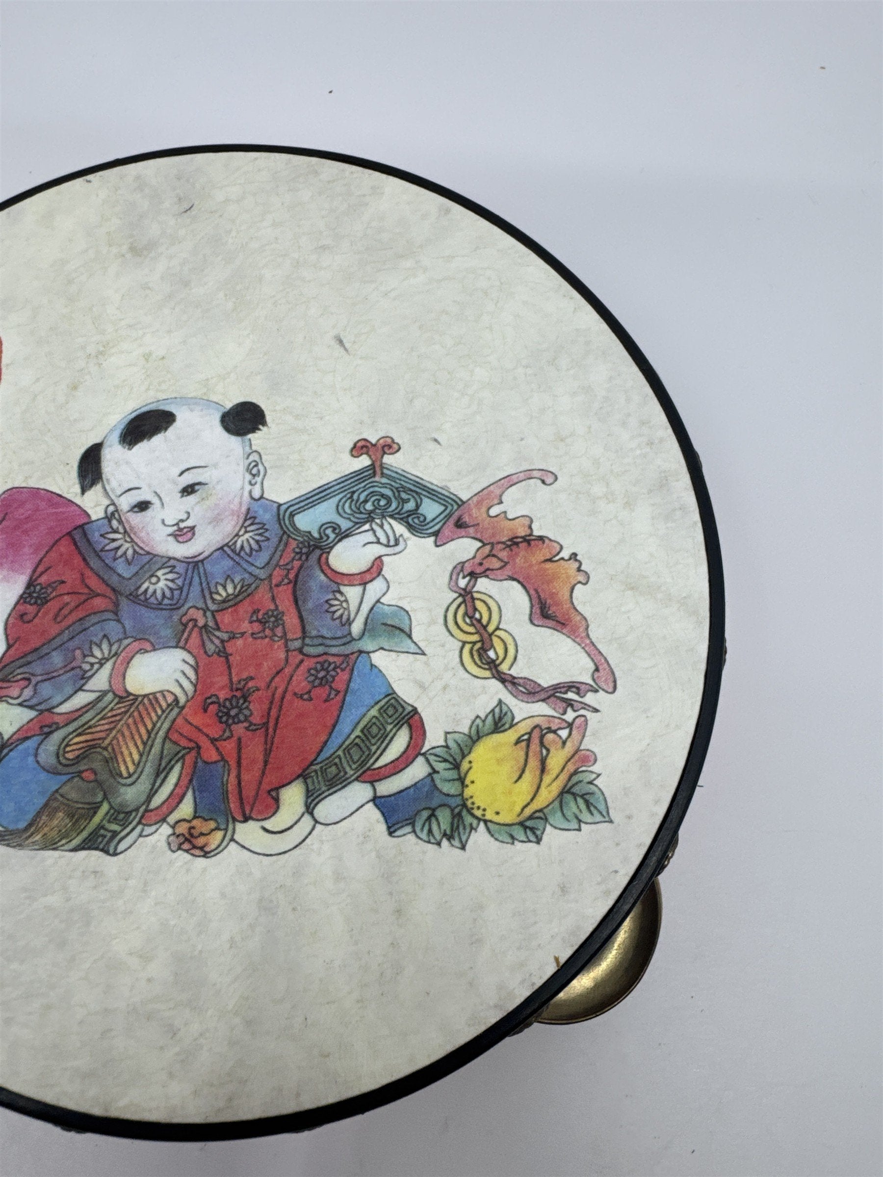 Vintage Red Chinese Rattle Tambourine Drum Musical Instrument Hand Held Art