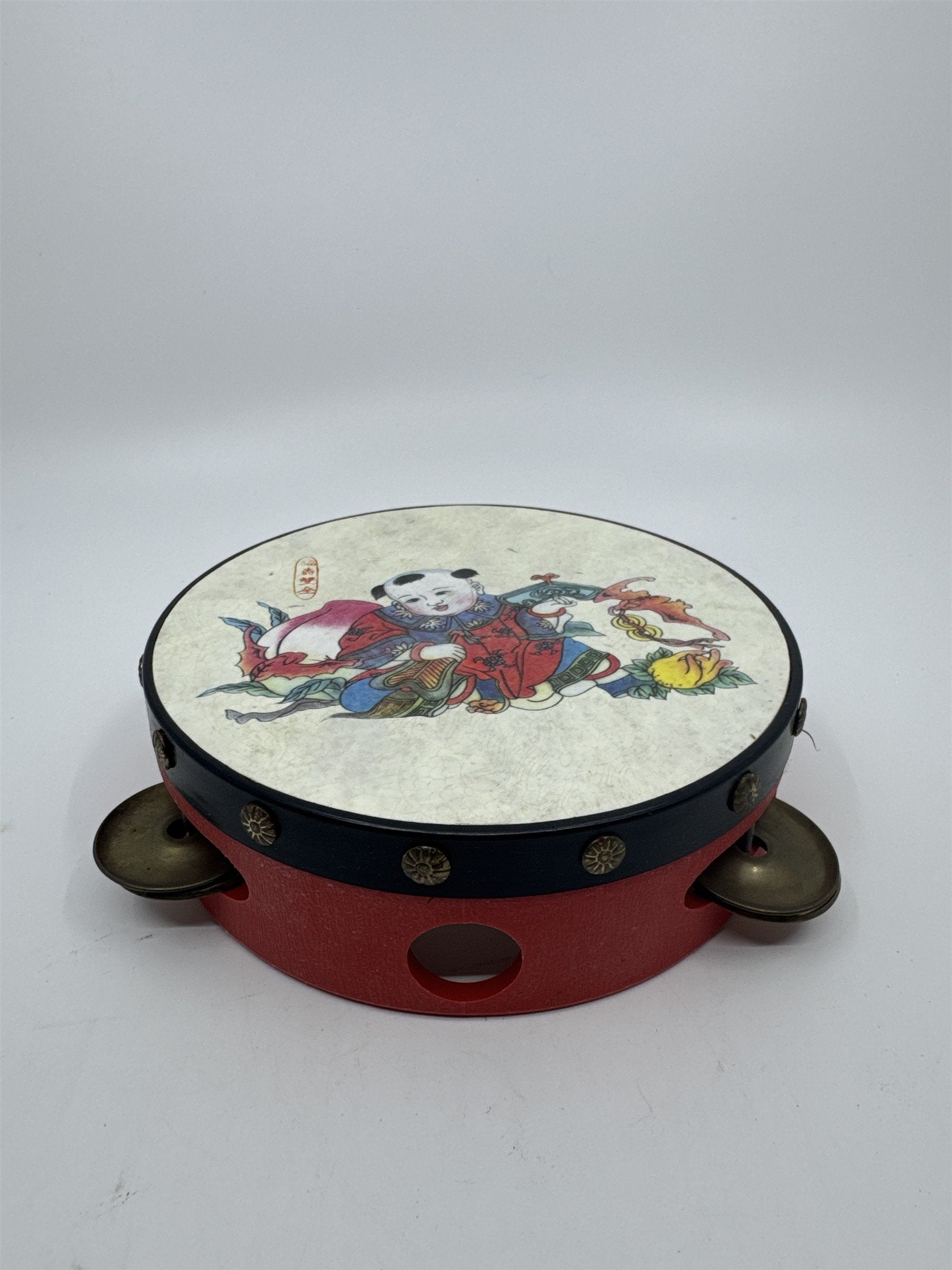 Vintage Red Chinese Rattle Tambourine Drum Musical Instrument Hand Held Art