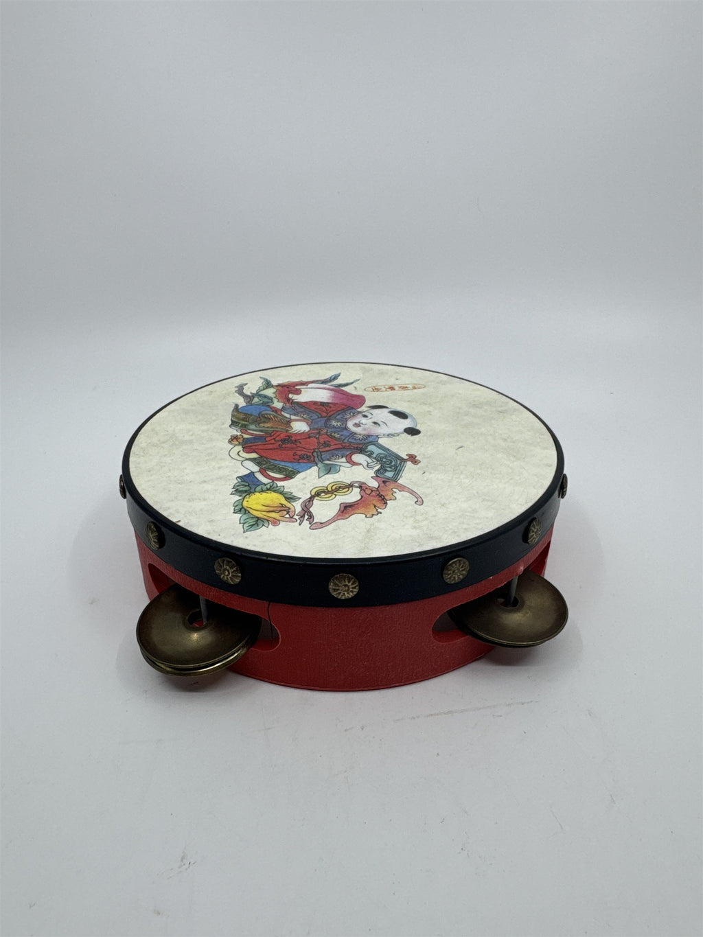 Vintage Red Chinese Rattle Tambourine Drum Musical Instrument Hand Held Art