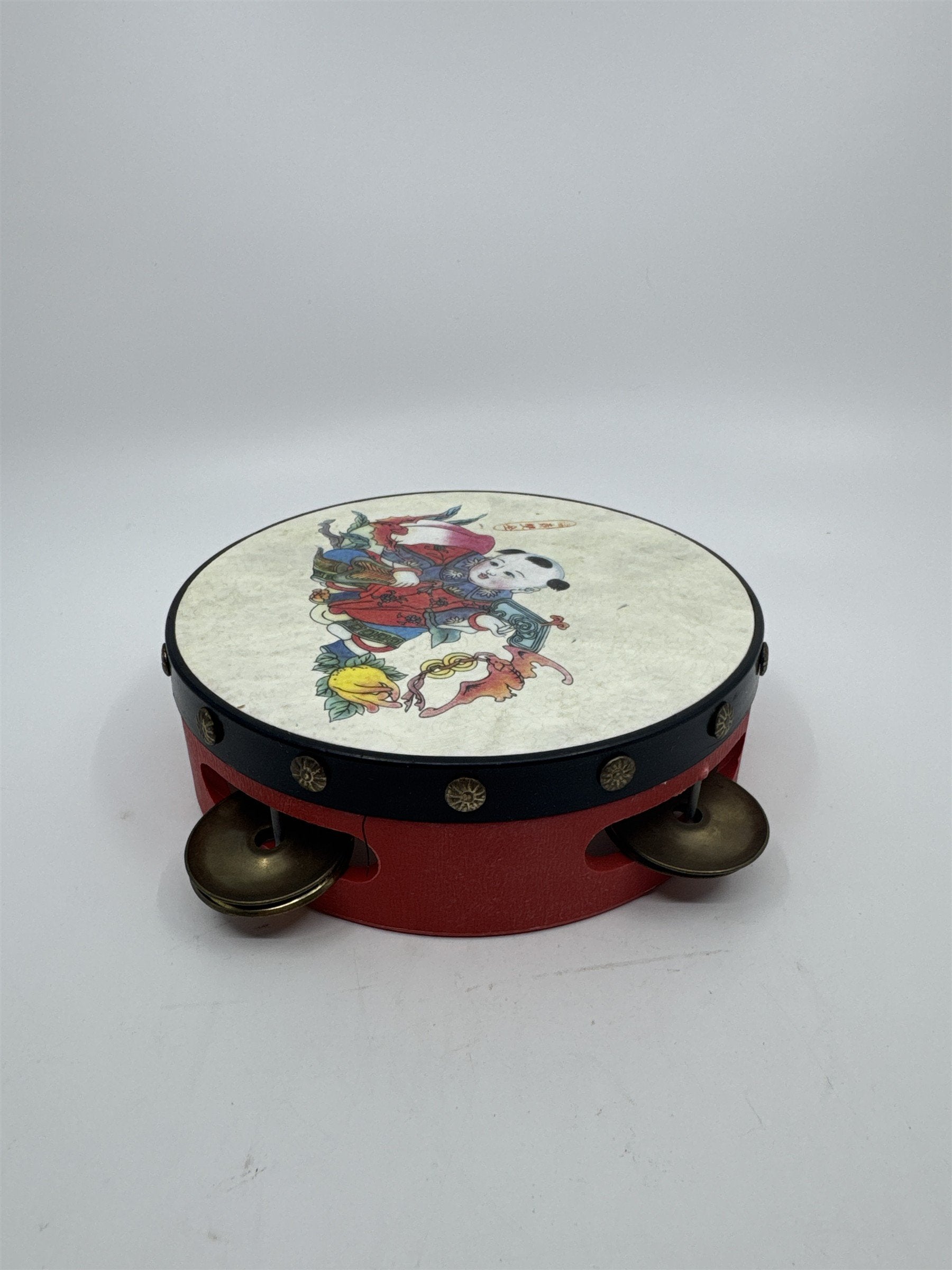 Vintage Red Chinese Rattle Tambourine Drum Musical Instrument Hand Held Art