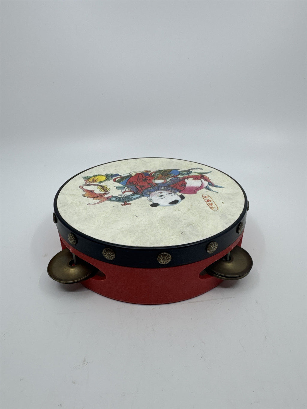 Vintage Red Chinese Rattle Tambourine Drum Musical Instrument Hand Held Art