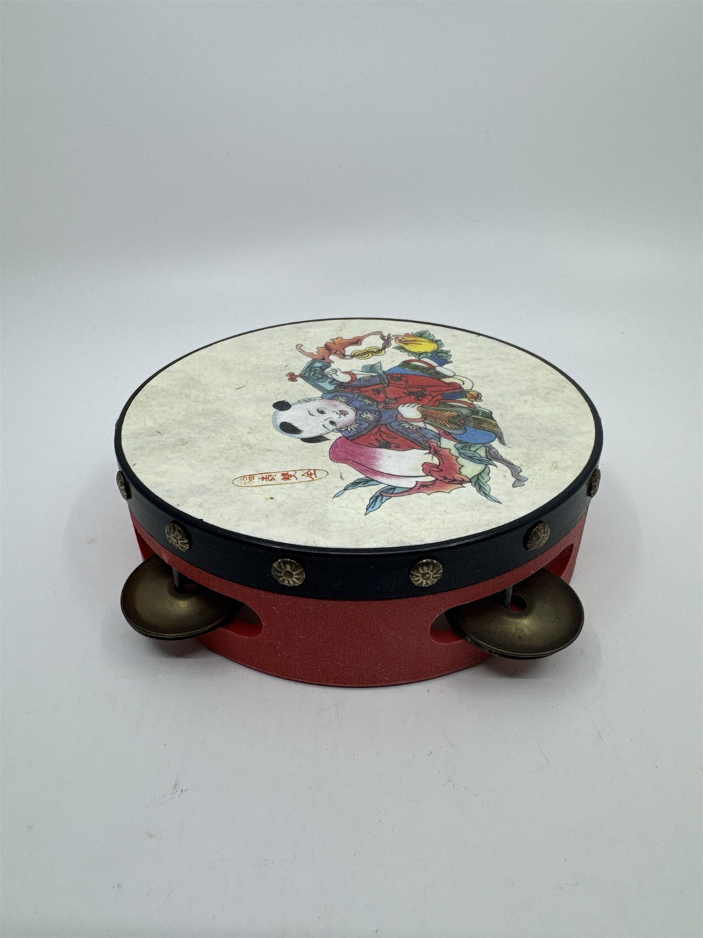 Vintage Red Chinese Rattle Tambourine Drum Musical Instrument Hand Held Art