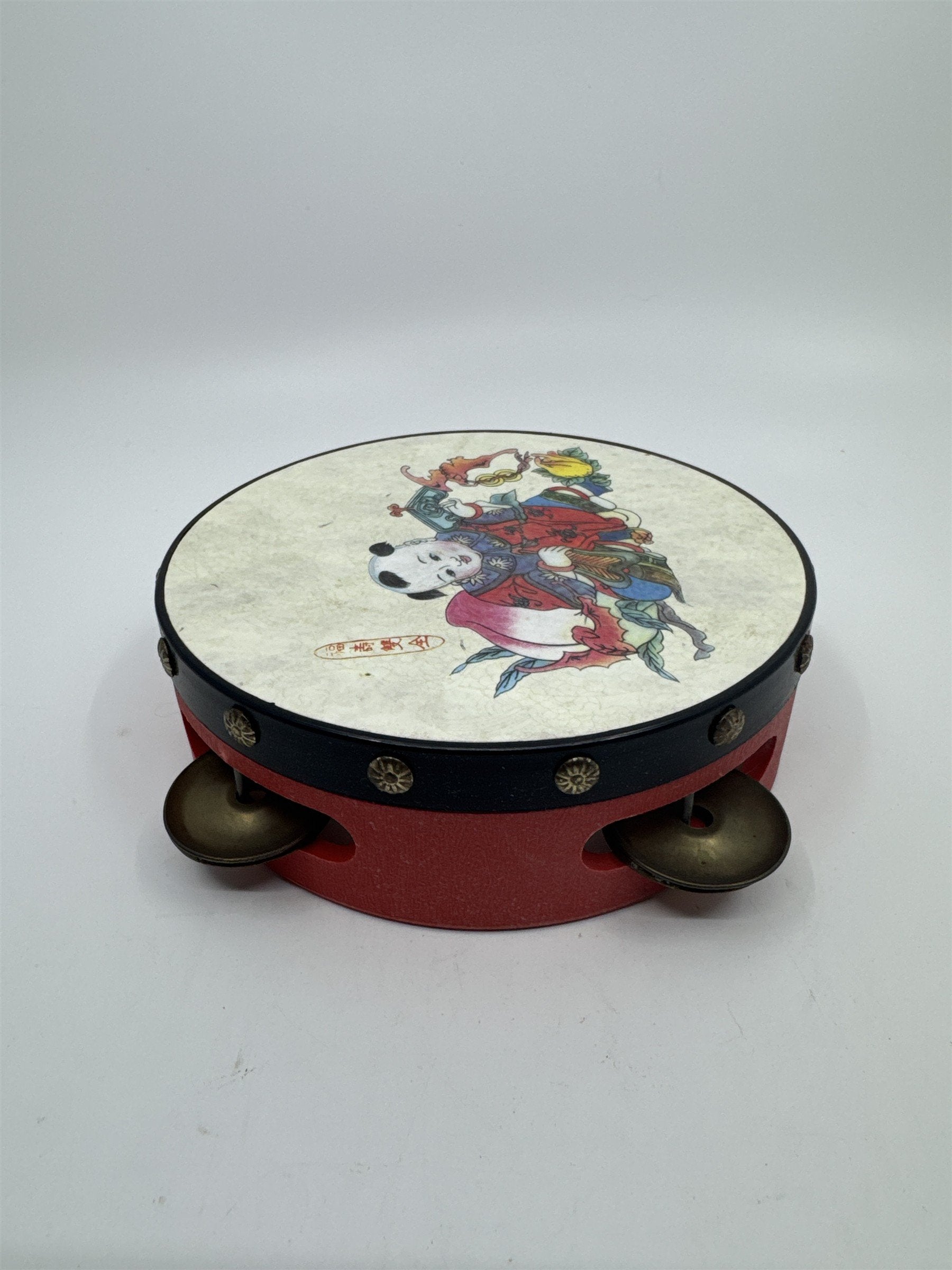 Vintage Red Chinese Rattle Tambourine Drum Musical Instrument Hand Held Art