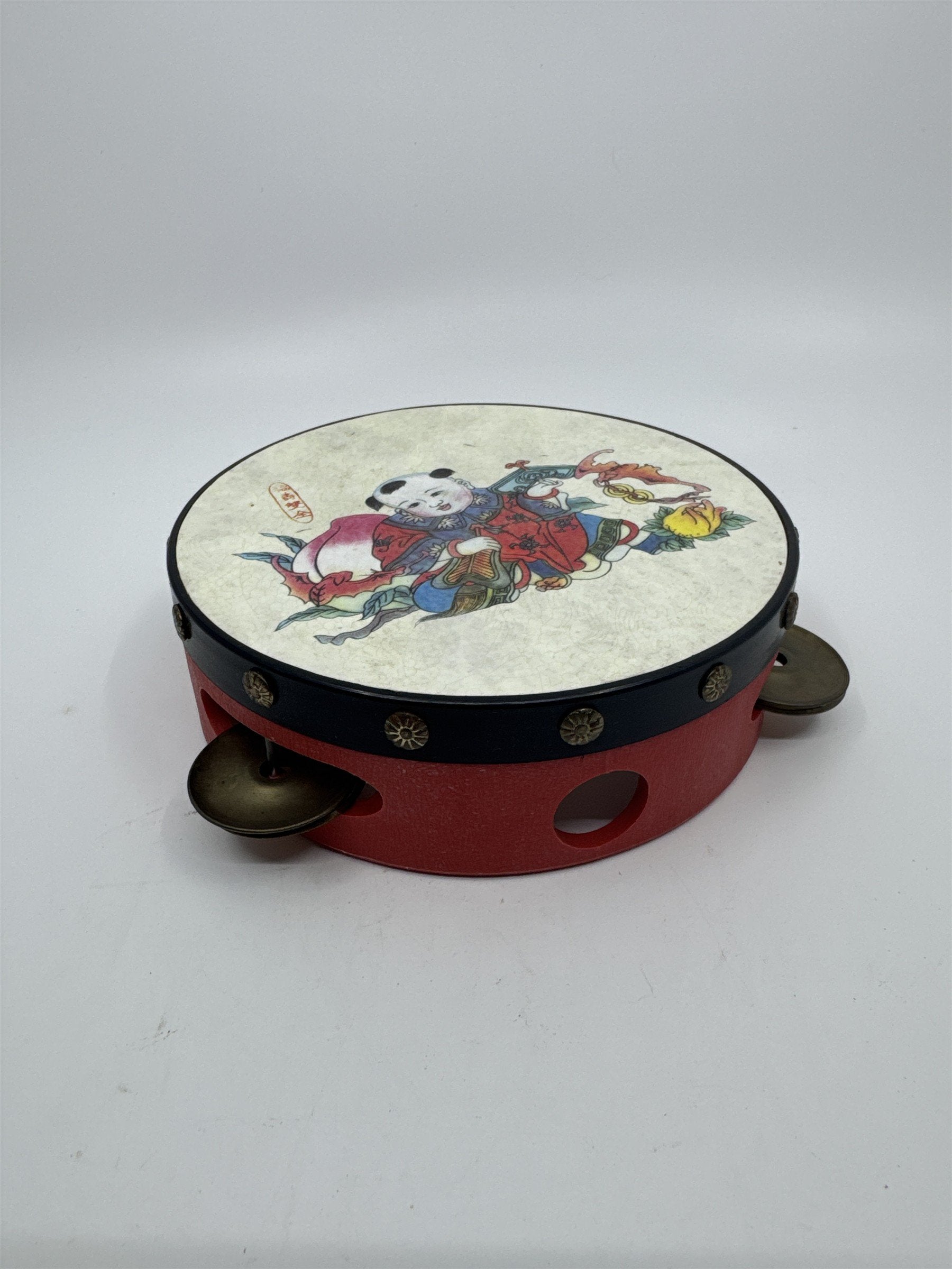 Vintage Red Chinese Rattle Tambourine Drum Musical Instrument Hand Held Art