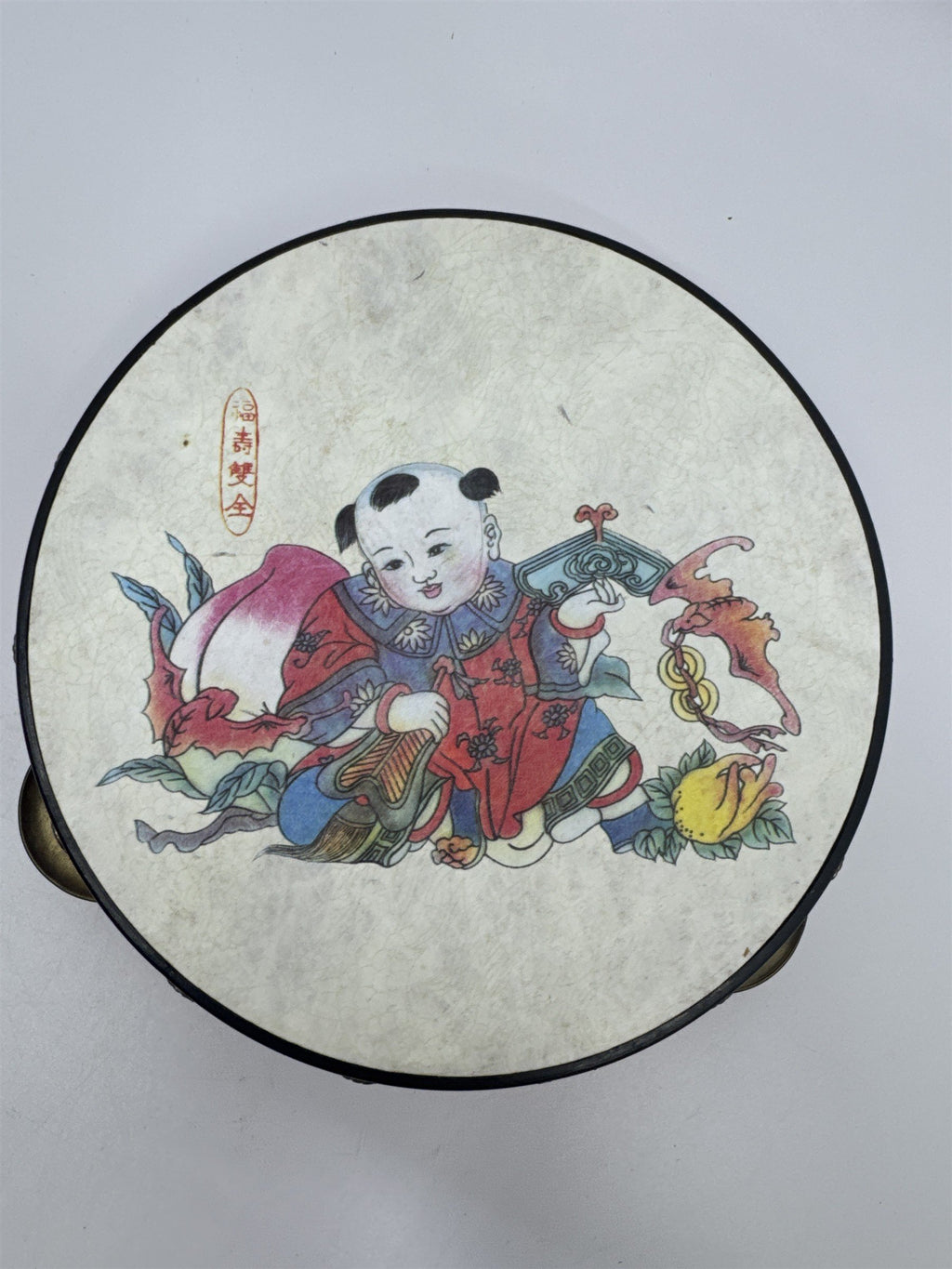 Vintage Red Chinese Rattle Tambourine Drum Musical Instrument Hand Held Art