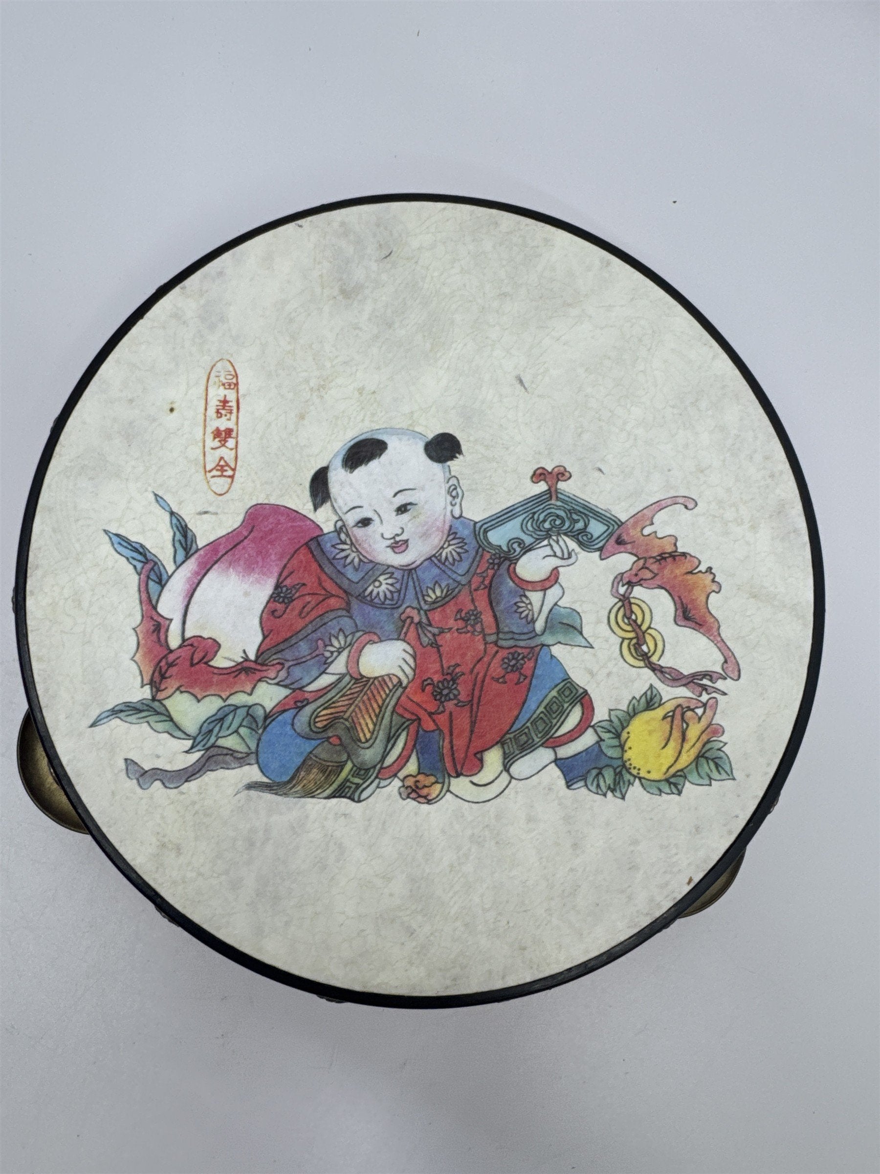 Vintage Red Chinese Rattle Tambourine Drum Musical Instrument Hand Held Art